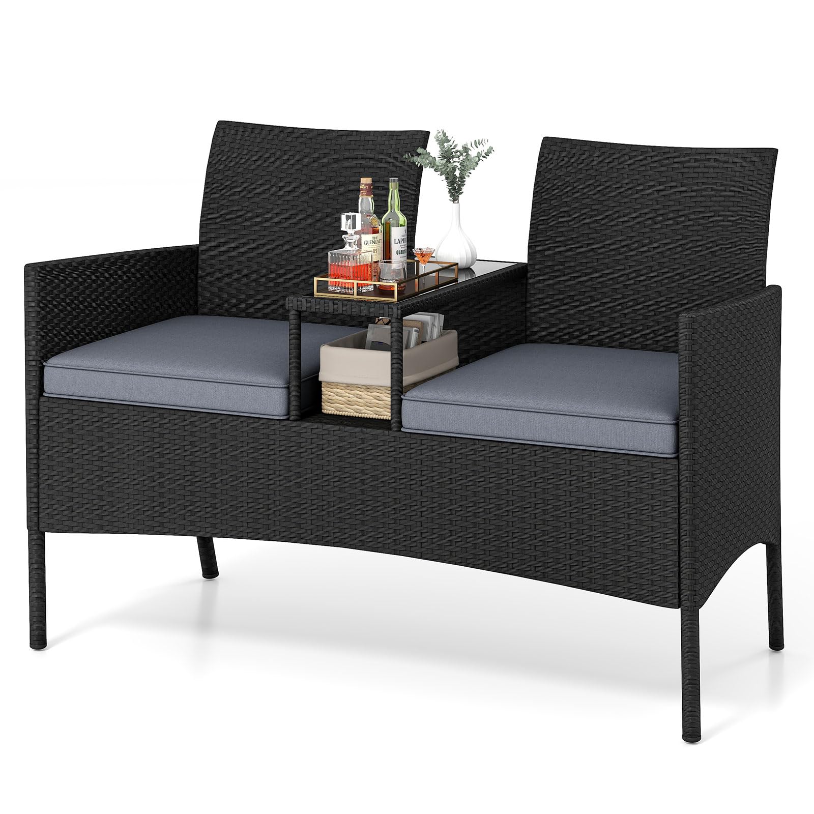 COSTWAY Panchina da Giardino in Rattan PE 62 x 124 x 84 cm, Divano da Esterno con Tavolino in Vetro Temperato e Cuscini Imbottiti, Poltrona con 2 Posti per Balcone, Piscina e Cortile (Grigio)