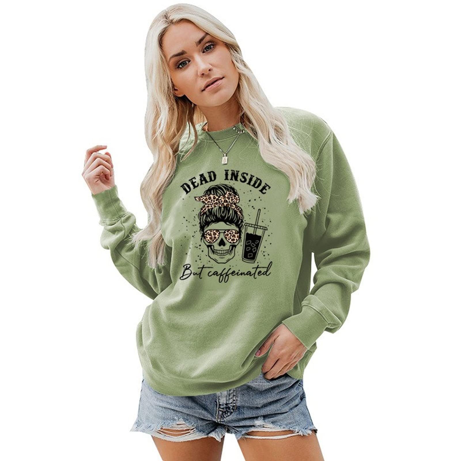 YourTopsWomen Dead Inside But Caffeinated Sweatshirt Coffee Skeleton Shirt
