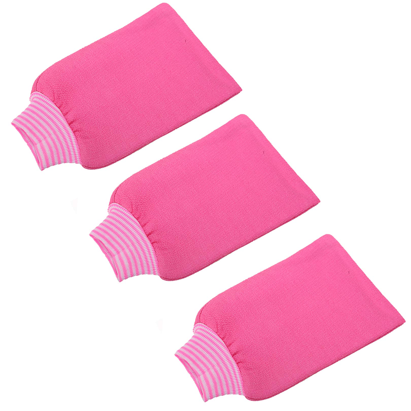 LISSOMPLUME 3 Pack Large Exfoliating Bath Mitt Gloves Remove Dead Skin Body Rubbing Towel Men Women Shower Hamma Washcloth Rose Red