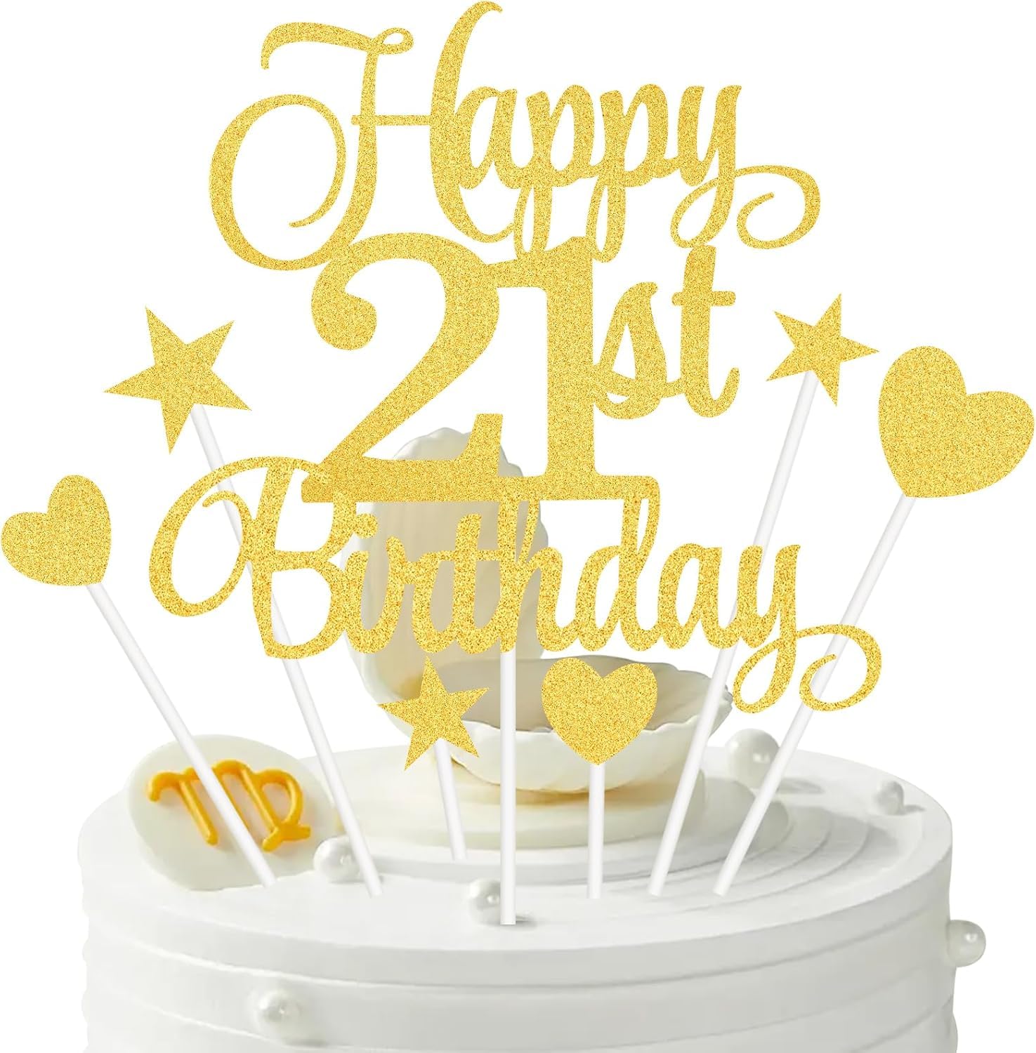 21st Birthday Cake Topper Gold Glitter - Complete Cake Decorations Set for Women Includes 21 Number, Stars & Hearts - Non-Edible Luxury Party Supplies for 21 Year Old Celebration