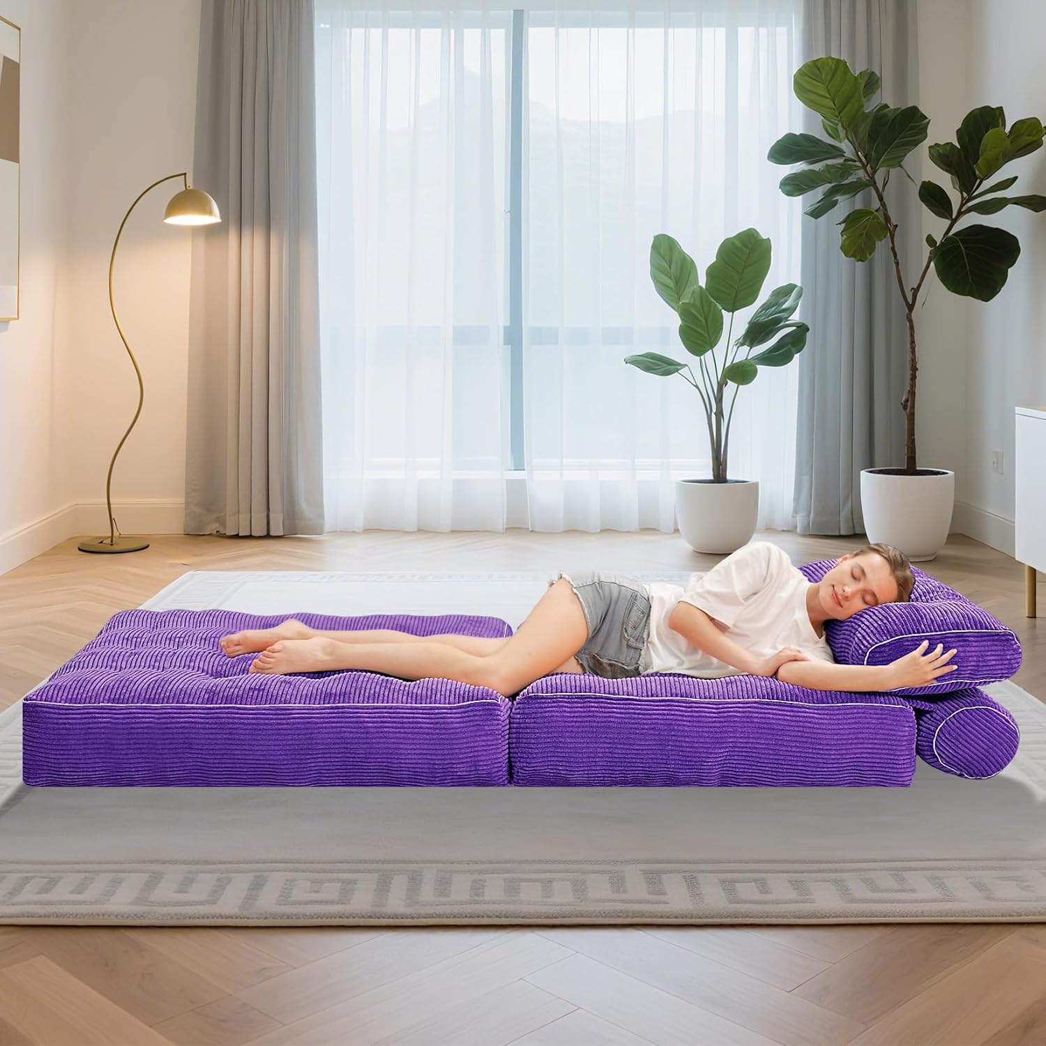 HABUTWAY Folding Sofa Bed, Convertible Sleeper Chair Bed w/Dual-Pillow & Handle, Foldable Floor Sofa Lounge w/Back Support for Living Room, Bedroom, Apartment, Office, Purple image 5 of 7 B0F5VNTWP2