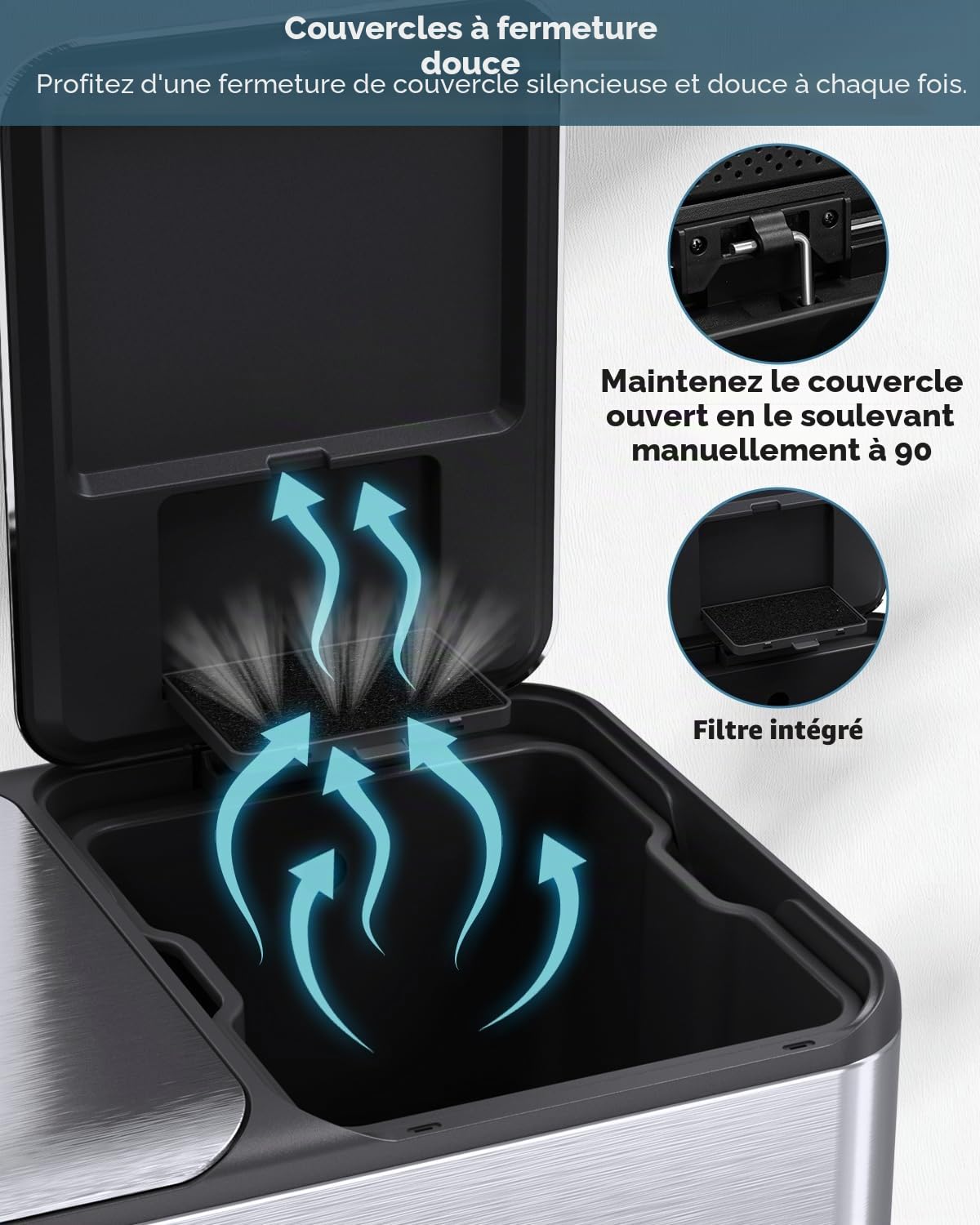 LIFERUN Poubelle à 2 compartiments, 2 x 30 l, à pédale, avec filtre anti-odeur, couvercle silencieux, seau intérieur en plastique, système de tri des déchets, double poubelle en métal, pour cuisine