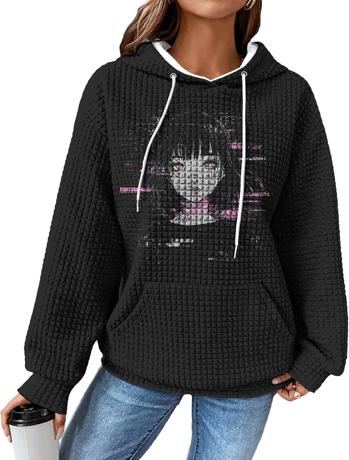 Black Pullover Sweatshirts For Women Trendy Long Sleeve Waffle Sweatshirt With Hood Comfy Fall Clothing Qutfits