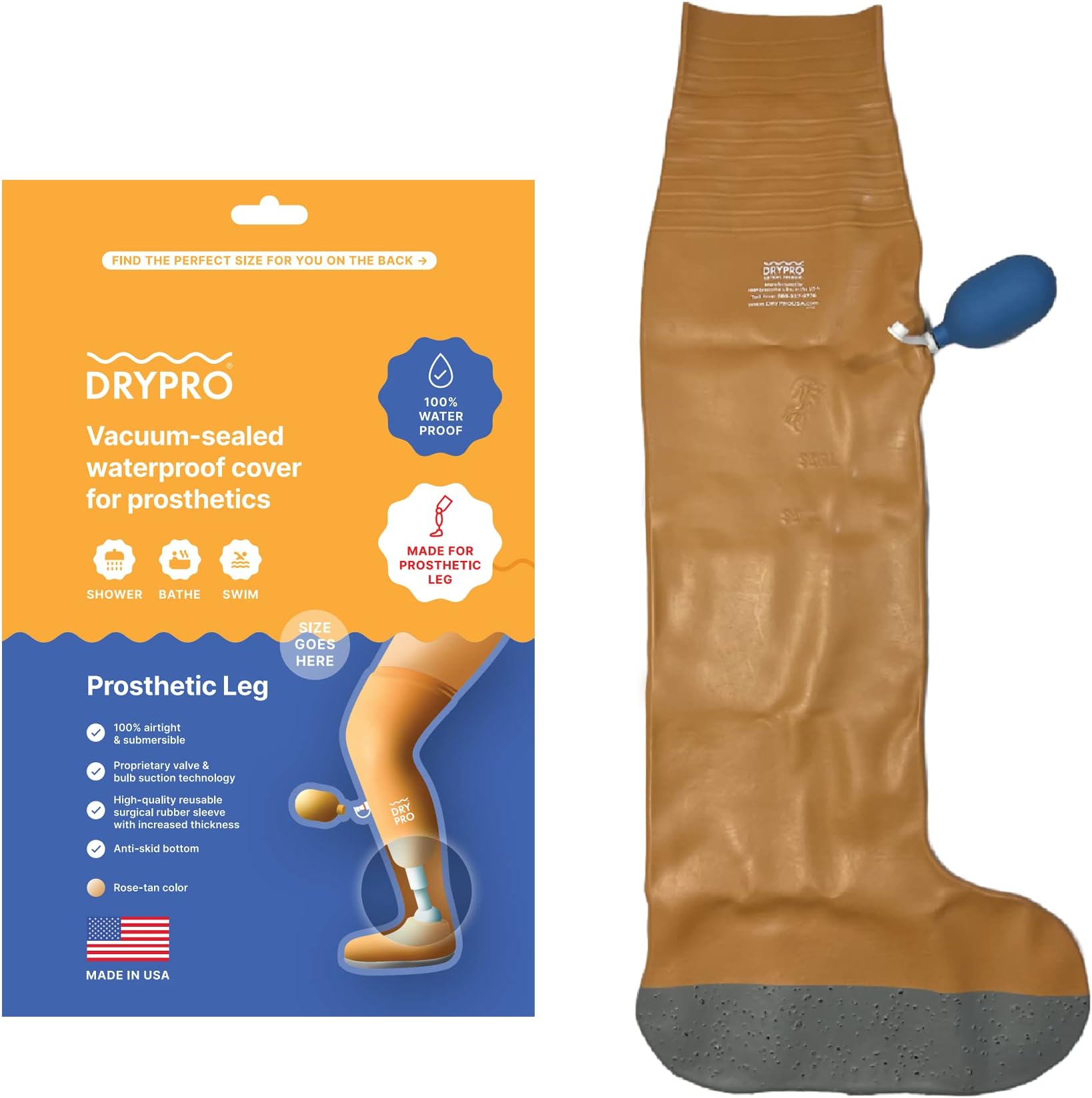 Waterproof Prosthetic Leg Cover by DRYPRO - Airtight & Submersible - Ideal for Swimming or Shower - Small (PL-13)