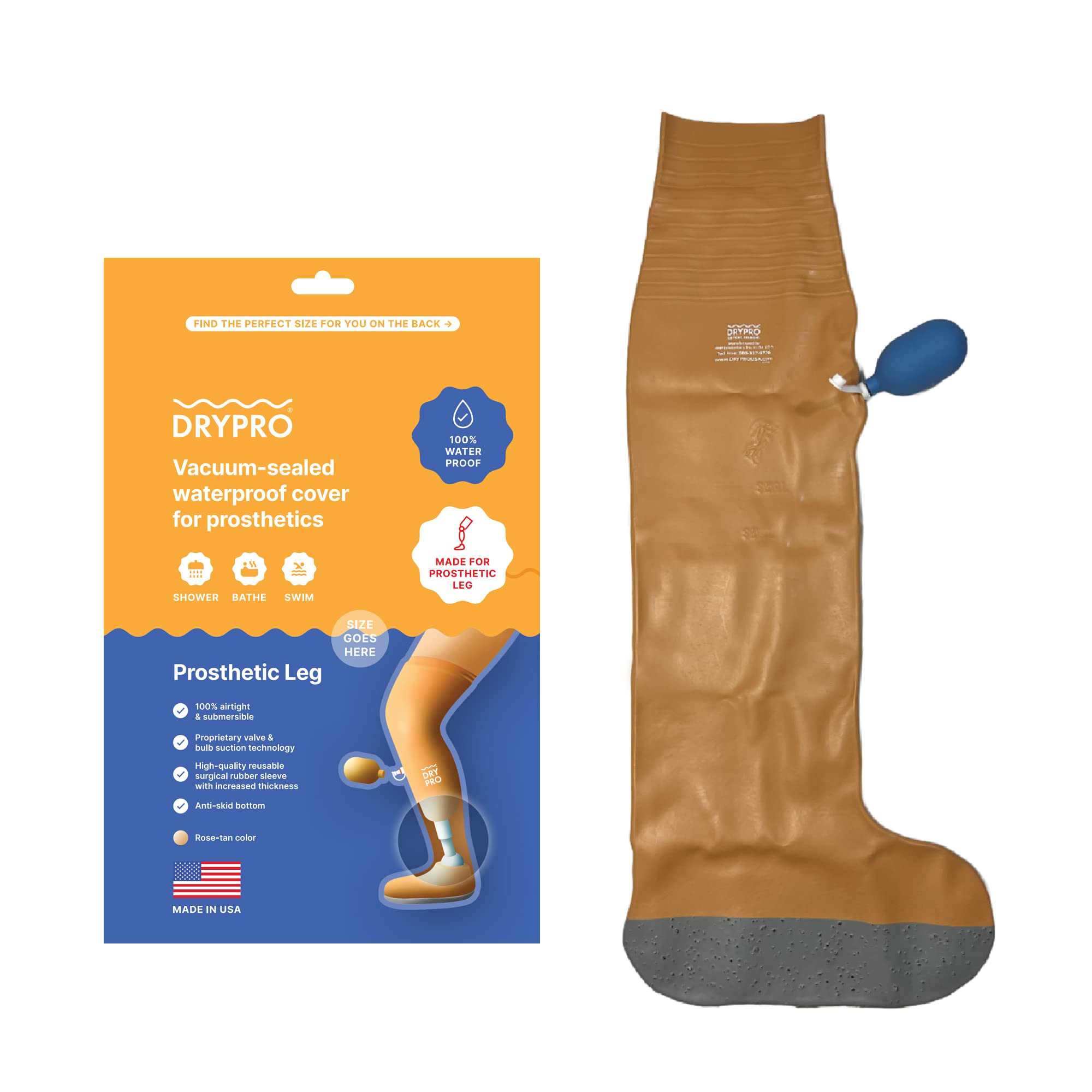Waterproof Prosthetic Leg Cover by DRYPRO - Airtight & Submersible - Ideal for Swimming or Shower - Small (PL-13)