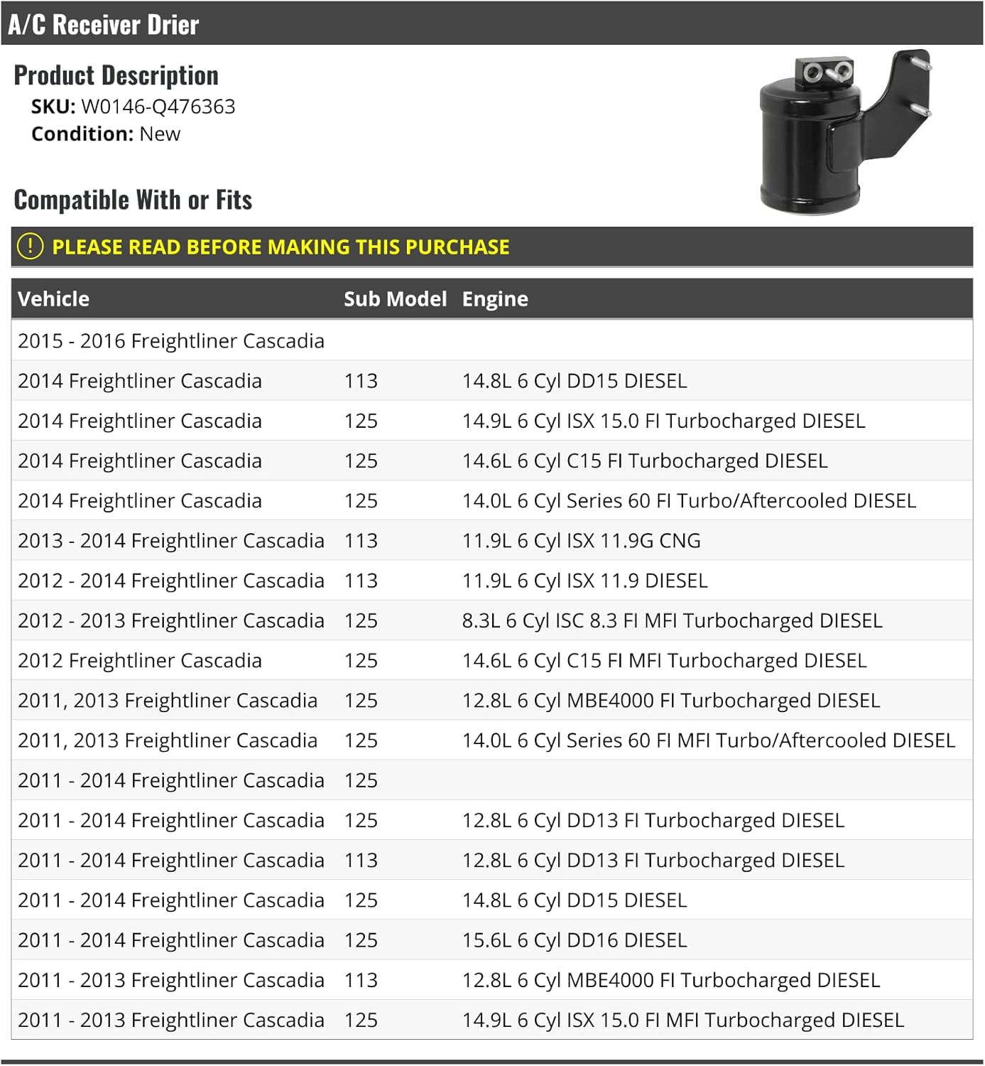 Marketplace Auto Parts A/C Receiver Drier - Compatible with 2011-2016 Freightliner Cascadia