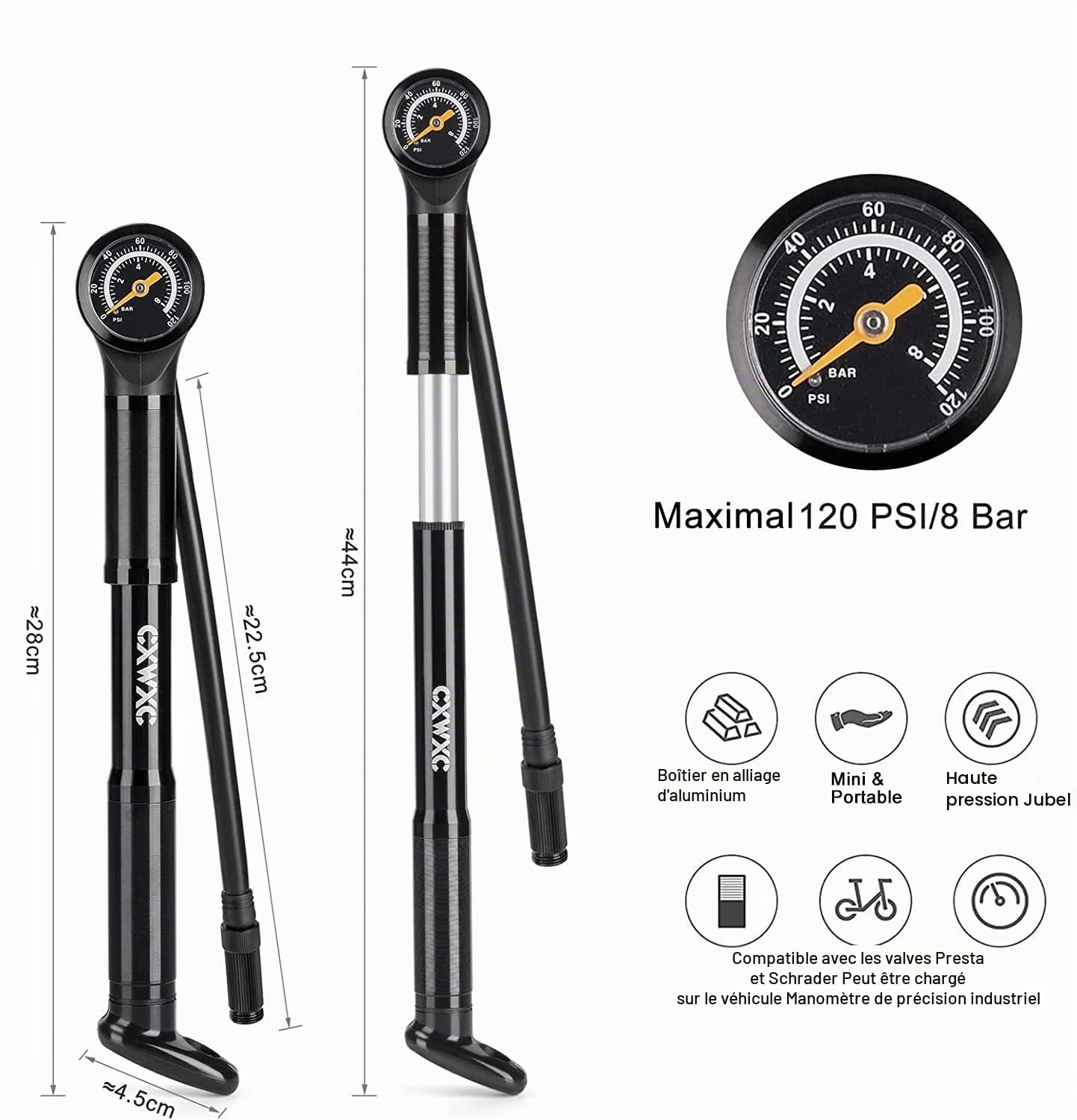 CXWXC Pompe à vélo Haute Pression 120 PSI avec Manomètre Précis, Compatible Valves Presta et Schrader, Pompe Portable pour VTT, Route et Vélo de Ville
