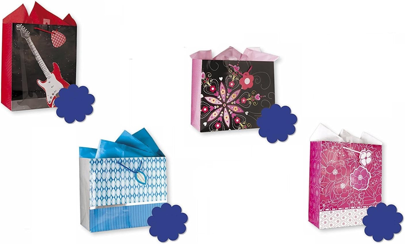 All Occasion Birthday Party Gift Bags Set of 4 Large Birthday Gift Bags W/Guitar, Flowers, Hearts, Tags, and Tissue Paper for Kids, Men, Women, Boys, Girls
