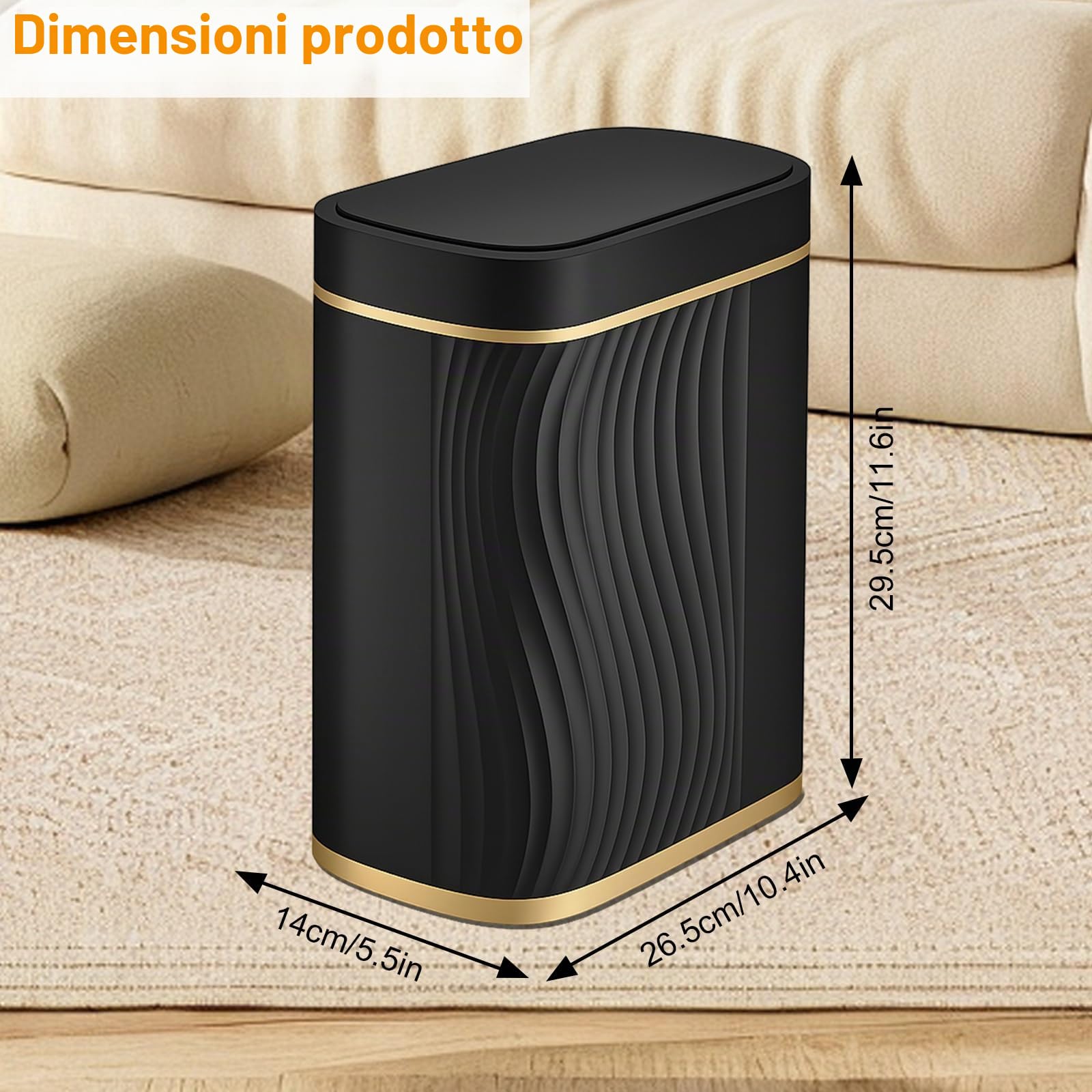 Pattumiera da 8 l, con sensore intelligente, da cucina con coperchio, per cosmetici, per bagno, inodore e impermeabile, senza rumore, touchless26,5 x 29,5 x 14 cm (nero)