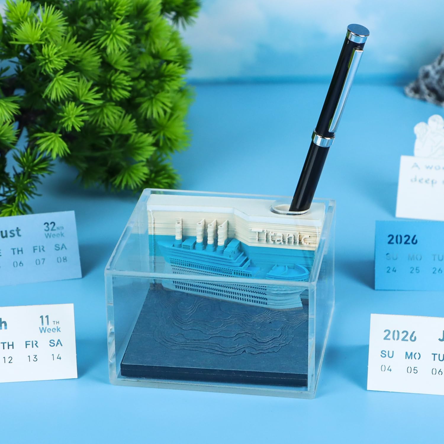 Titanic 3D Desk Calendar Memo Pad 2026, 3D Weekly Calendar Notepad With Light&Pen Holder, 3D Memo Pad Paper Notes Desk Decoration Gifts