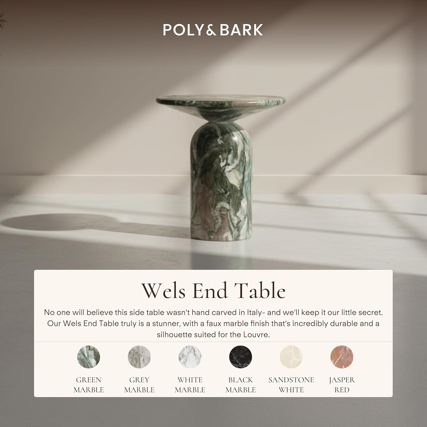 Poly & BARK Wels End Table – Reinforced Resin with Faux Marble Finish – Green – Modern Accent Table for Living Room or Bedroom – Round Side Table for Sofas, Lounge Chairs, or Reading Corners
