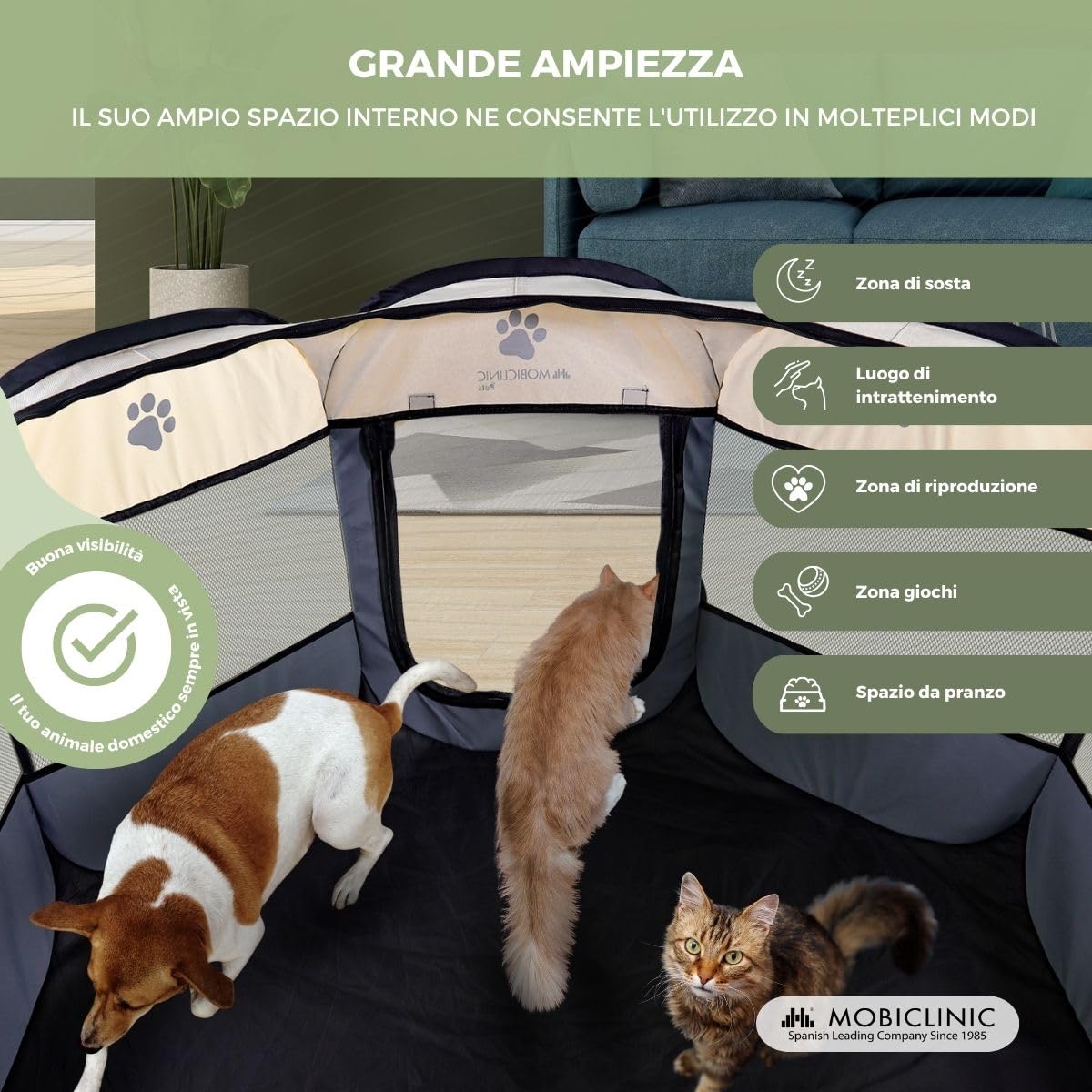 Mobiclinic® pets, Box Pieghevole Per Animali Domestici, 114x114x58 cm, Scooby, 2 accessi, 8 finestre, Elastico il ripiegamento, Interni ed esterni, Tessuto in rete 600d, Facile da pulire, Grigio