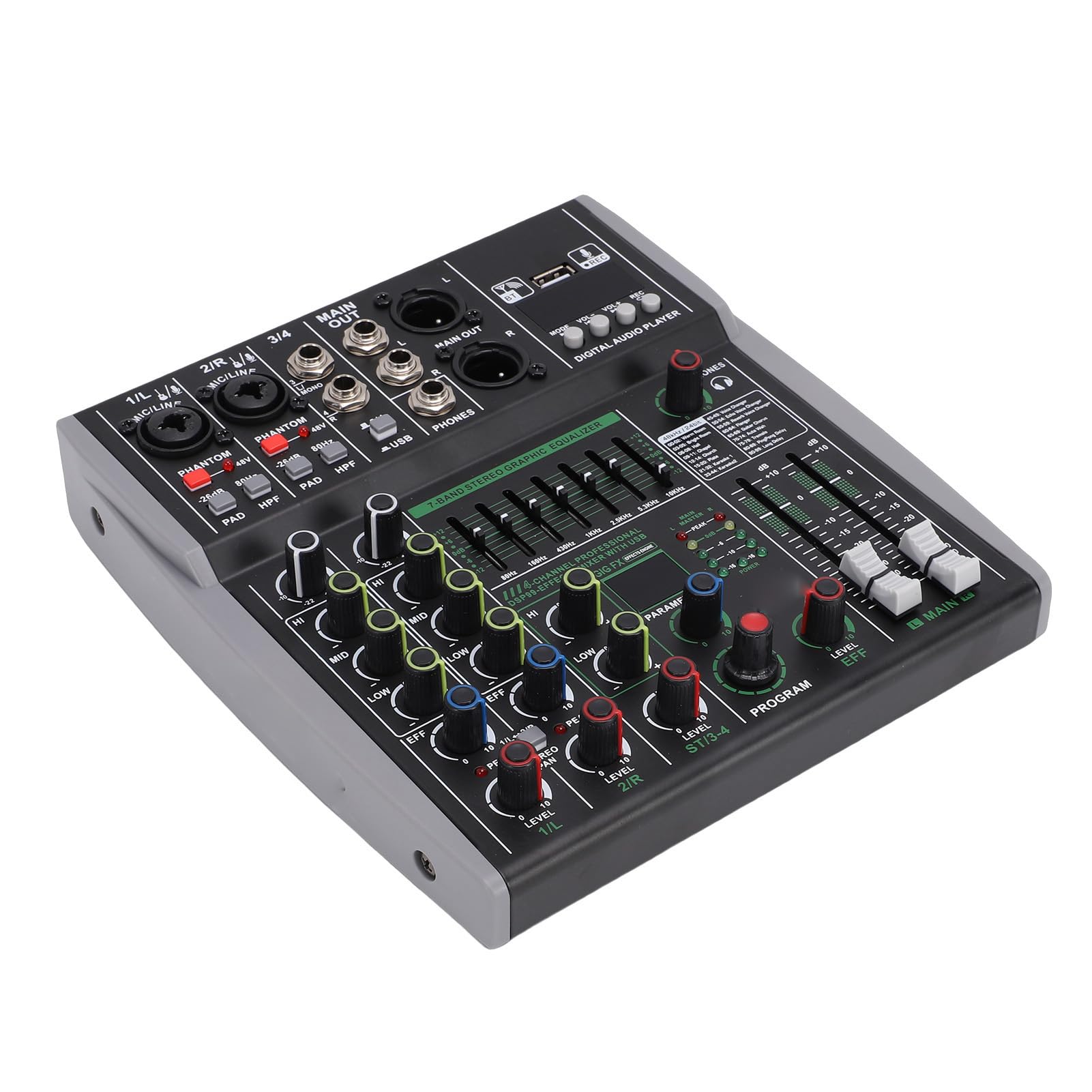 Mezclador de DJ Bluetooth de 4 Canales Consola de Mezcla de Audio, 99 Efectos EQ de 7 Bandas, Interfaz USB de Alimentación Fantasma de 48 V para Grabación en Karaoke Podcast (Enchufe de la