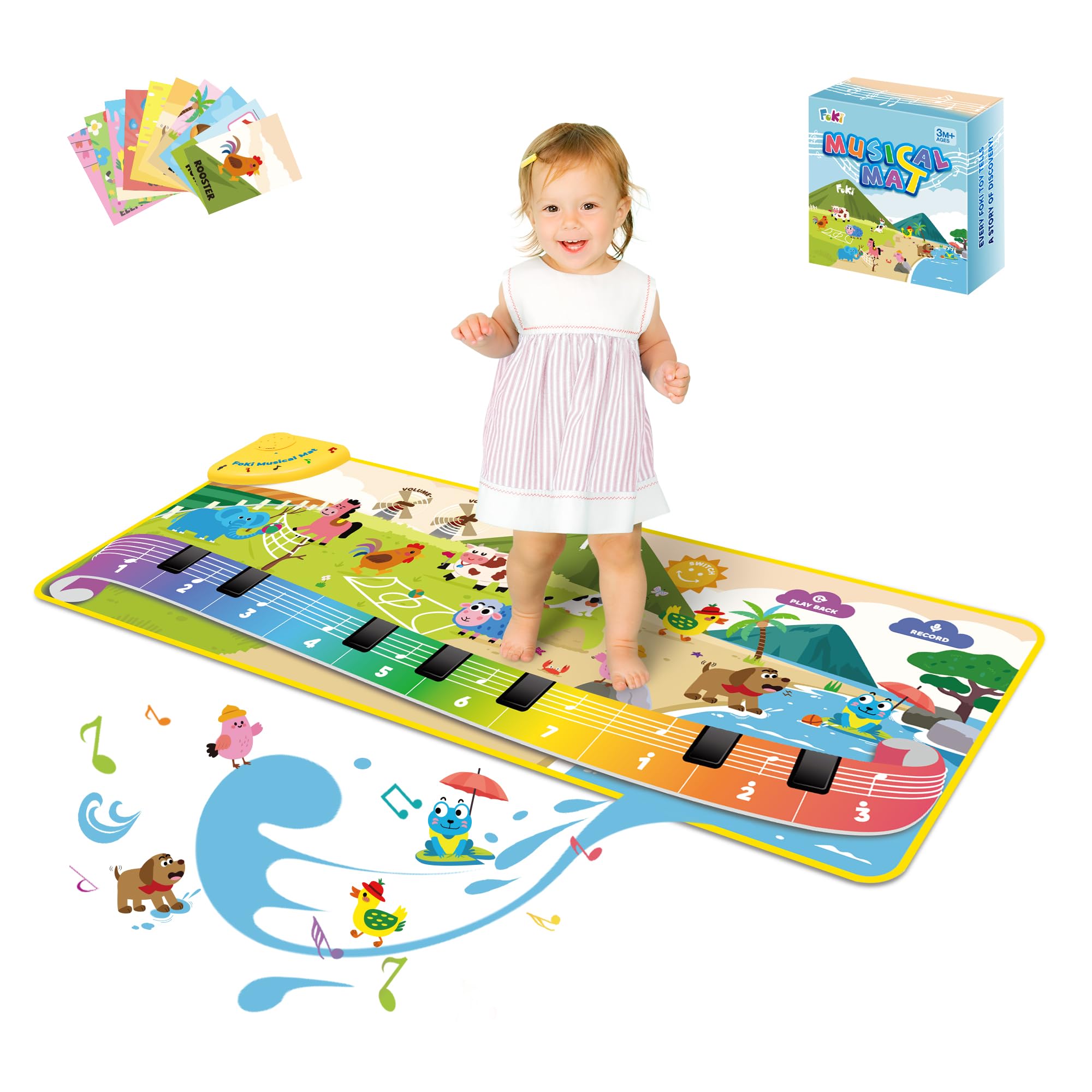 FOKI Floor Piano Mat for Toddlers, Birthday Gifts for 1-5 Year Old Boy Girl | 61 Sounds, Record Playback, 43”x17” Animal Music Pad for Toddler Toys, Sensory Montessori Educational Musical Toys, Beige