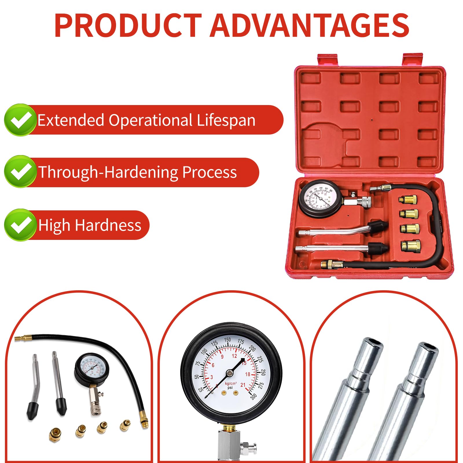 Zorplex Zestaw Tester Kompresji Silnika 0-21 Bar / 0-300 PSI z Manometrem i 4 Adapterami M10 M12 M14 M18, Miernik Ciśnienia Sprężania do Samochodów, Motocykli i Silników Benzynowych (Czerwony)