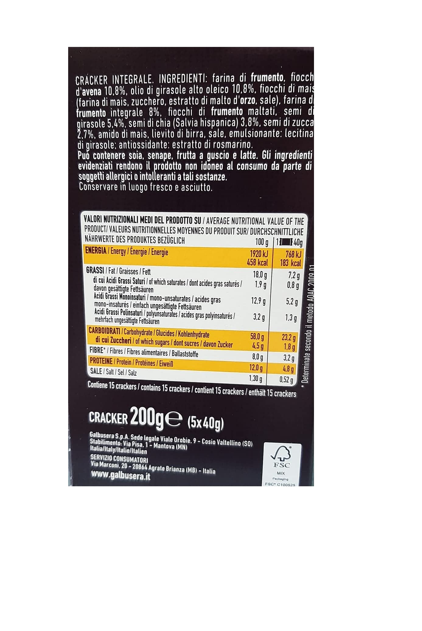12 galletas Galbusera BelleBuone Avena e Mix di Semi de grano entero con avena y mezcla de semillas (5 x 40 g), 200 g