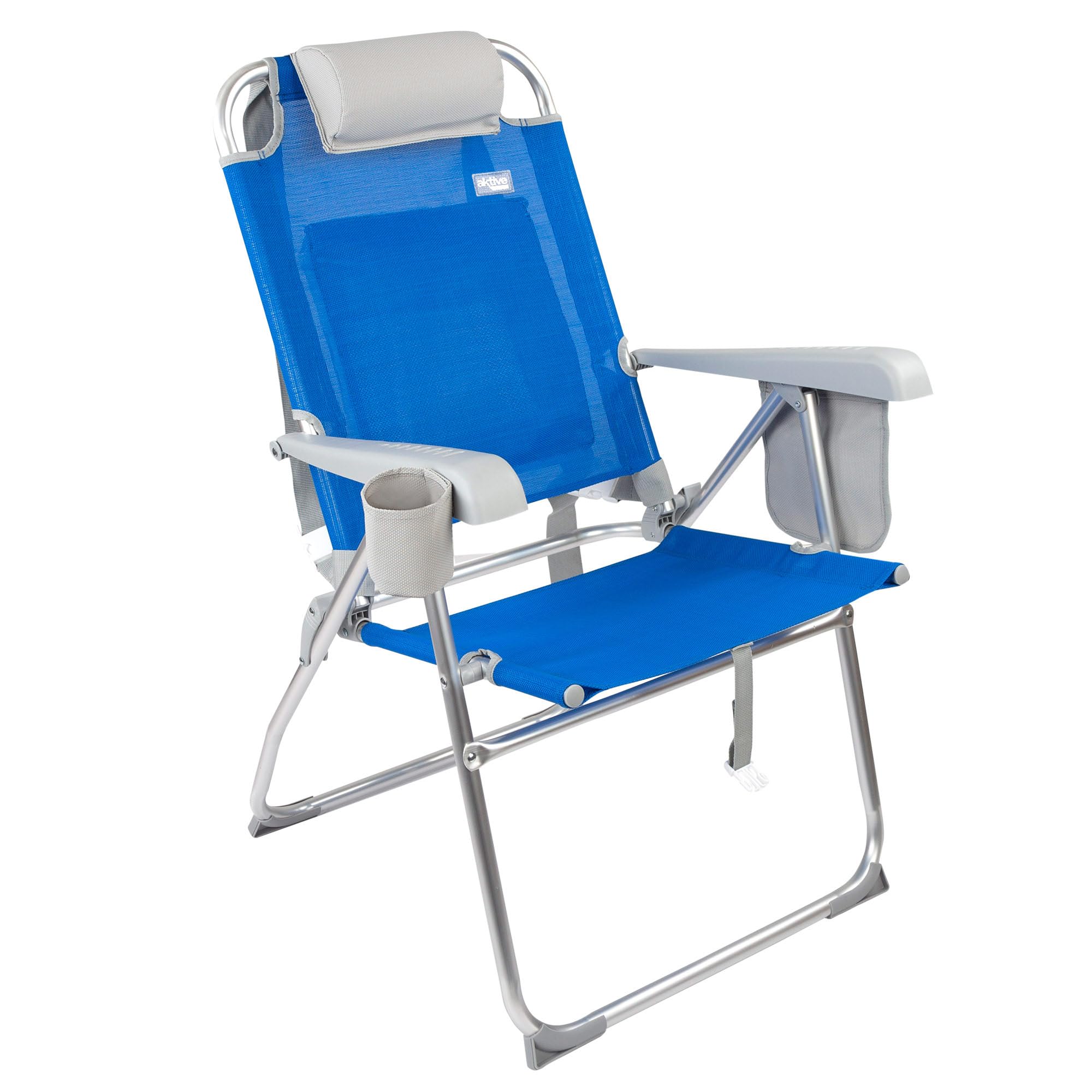 AKTIVE Lot de 2 chaises de Plage Pliantes, 47 x 63 x 99 cm, 8 Positions, Couleur Bleue, supportent 110 kg, avec Coussin, Dessous de Verre, Poches, poignées de Transport, butées Anti-retournement,