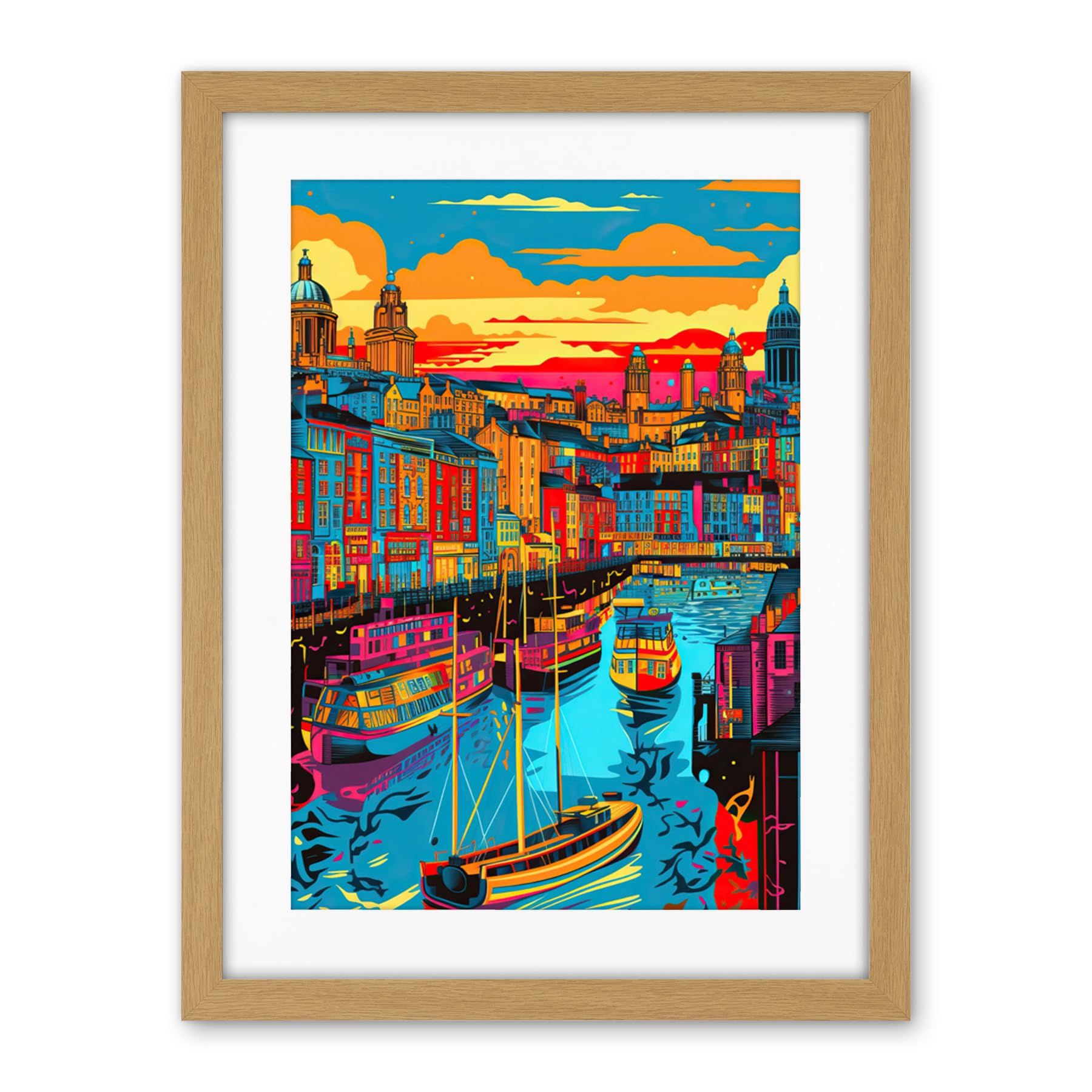 Artery8 Vibrant Liverpool City Waterfront Sunset Cityscape Artwork Framed Wall Art Print 18X24 Inch