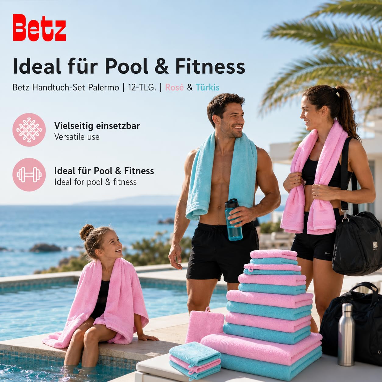 Betz Lot de 12 pièces 100% Coton Palermo 2 draps de Bain 4 Serviettes de Toilette 2 d'invités 2 lavettes 2 Gants de Toilette Couleur Rose et Turquoise