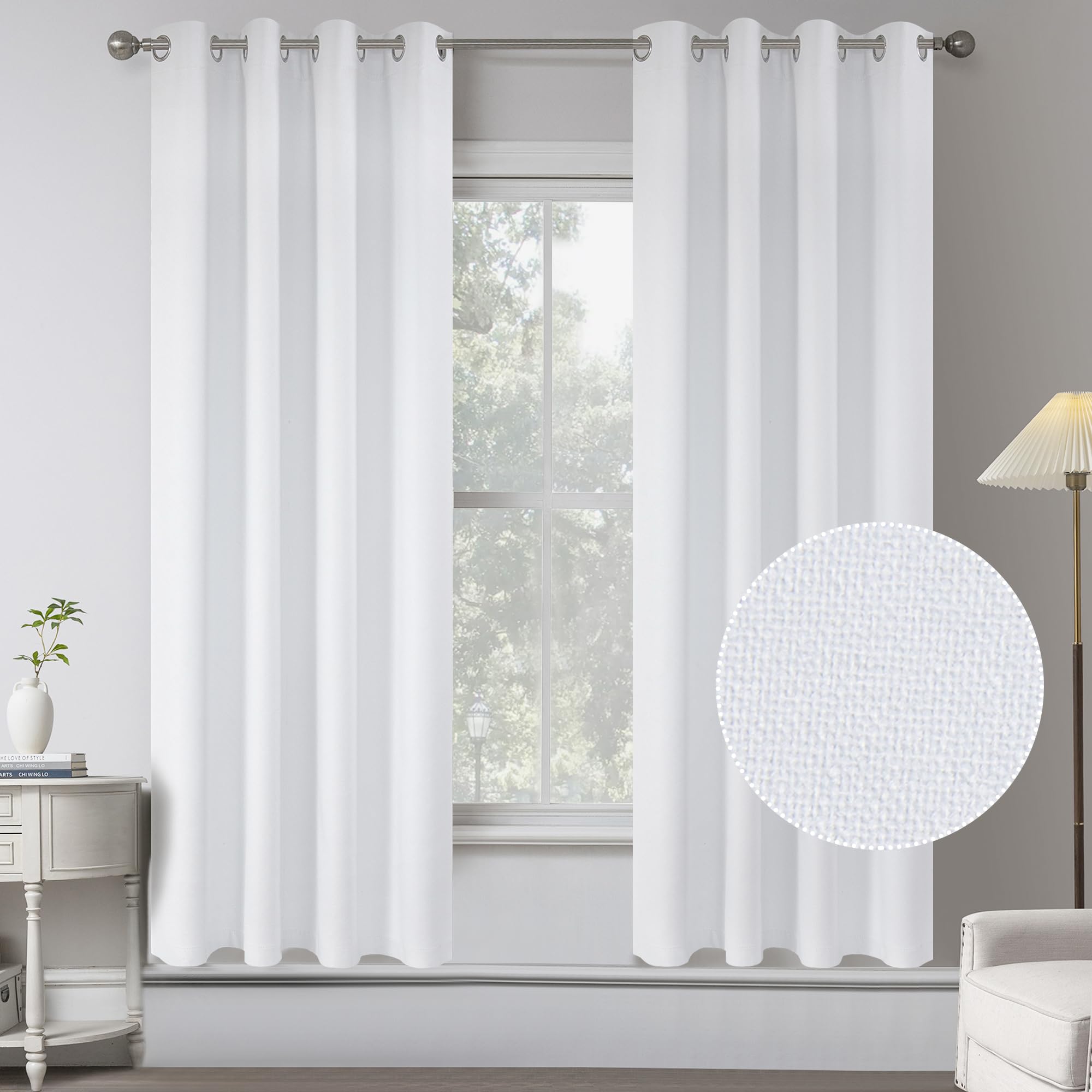 Pure White 100% Blackout Textured Linen Curtain Draperies for Bedroom - Summer Energy Saving Thermal Insulated Anti-Rust Grommet Top Window Curtains for Living Room (2 Panels,W 52 x L 63 Inch Length)
