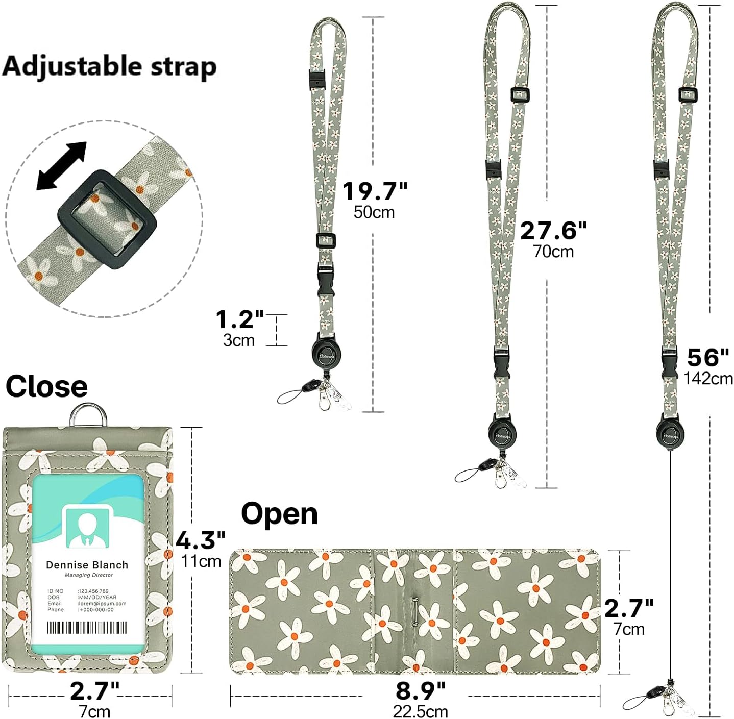 bolimoss Cute Flowers Lanyard for ID Badge Card, Breawaway Neck Lanyards with Retractable Badge Reels Quick-Release Buckles & Adjustable Straps with Leather Double Sided Windows Card Badge Holders - Image 7