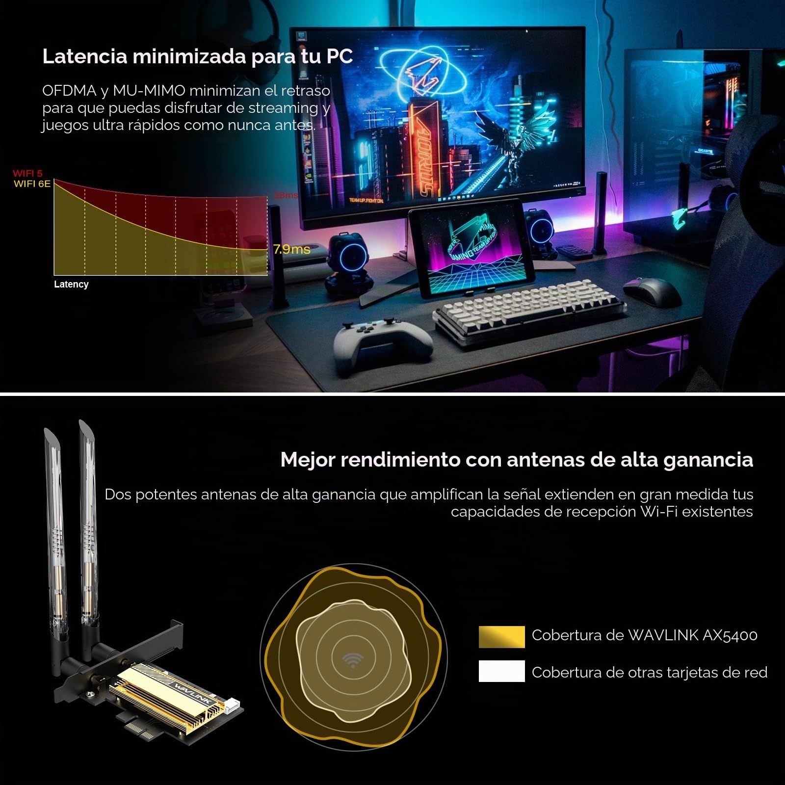 Tarjeta WiFi WAVLINK AX210 5400 Mbps WiFi 6E Tri-Banda MU-MIMO Bluetooth 5.3 OFDMA WPA3 Disipador Térmico