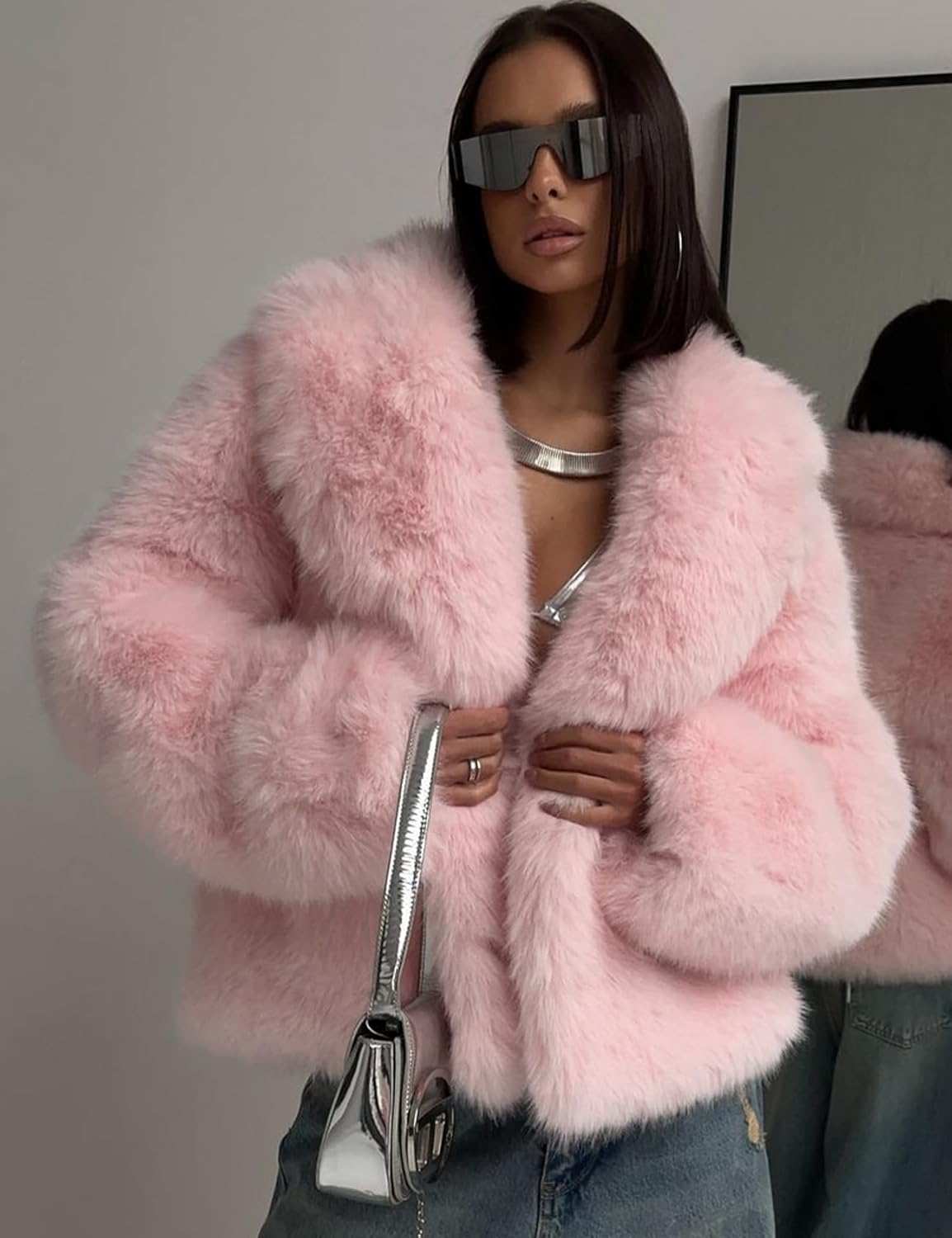 Flygo Women's Faux Fur Coat Fluffy Faux Fur Jacket Long Sleeve Lapel Furry Winter Jackets Shaggy Parka Short Coat - Image 2