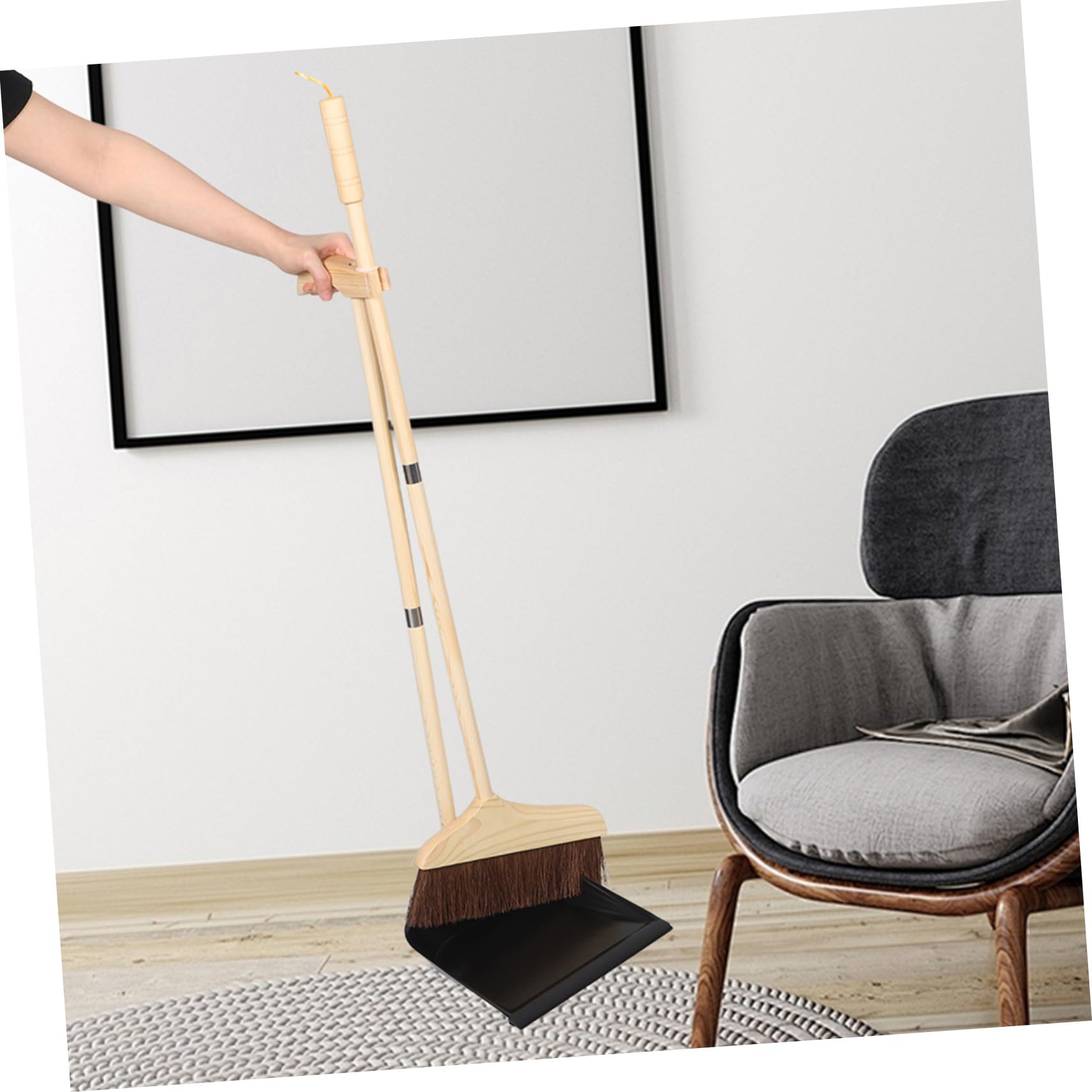 Juego de Escoba y Recogedor Desmontables Mango de Rosca de Madera | Negro, Hierro Resistente, para Salón y Limpieza Diaria del Hogar, Cepillo Suave para Suelo