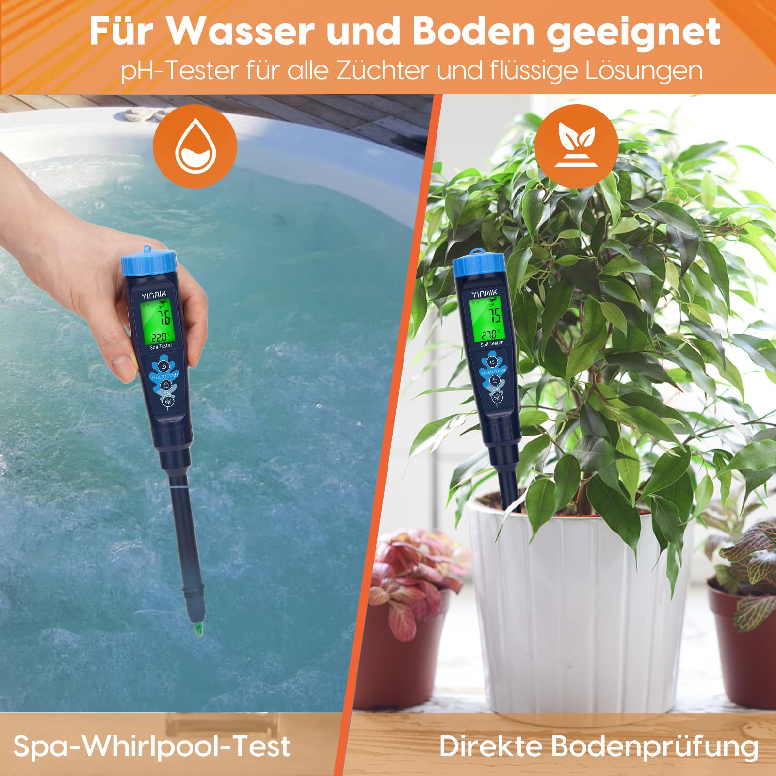 Digitales Boden pH Messgerät, pH Tester für Boden und Wasser, Heimgebrauch Zimmerpflanzen Fleisch Teig Wein Bier Joghurt Saucen Pool