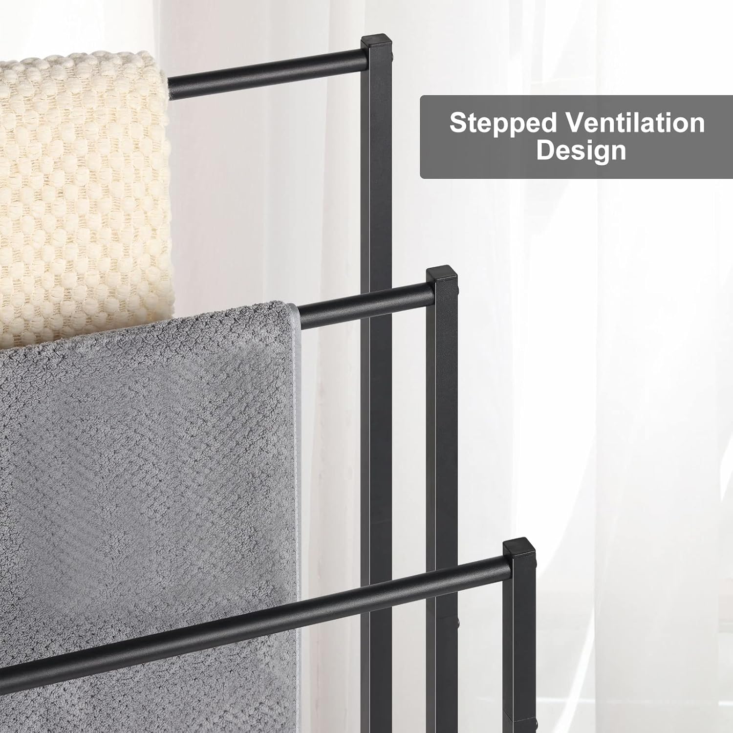 Freestanding Towel Rack, 3 Tier Metal Towel Rack Blanket Rack Stand for Bedroom Black Bath Towel Holder Stand Floor for Bathroom Floor Towel Holder with Wooden Storage Shelf