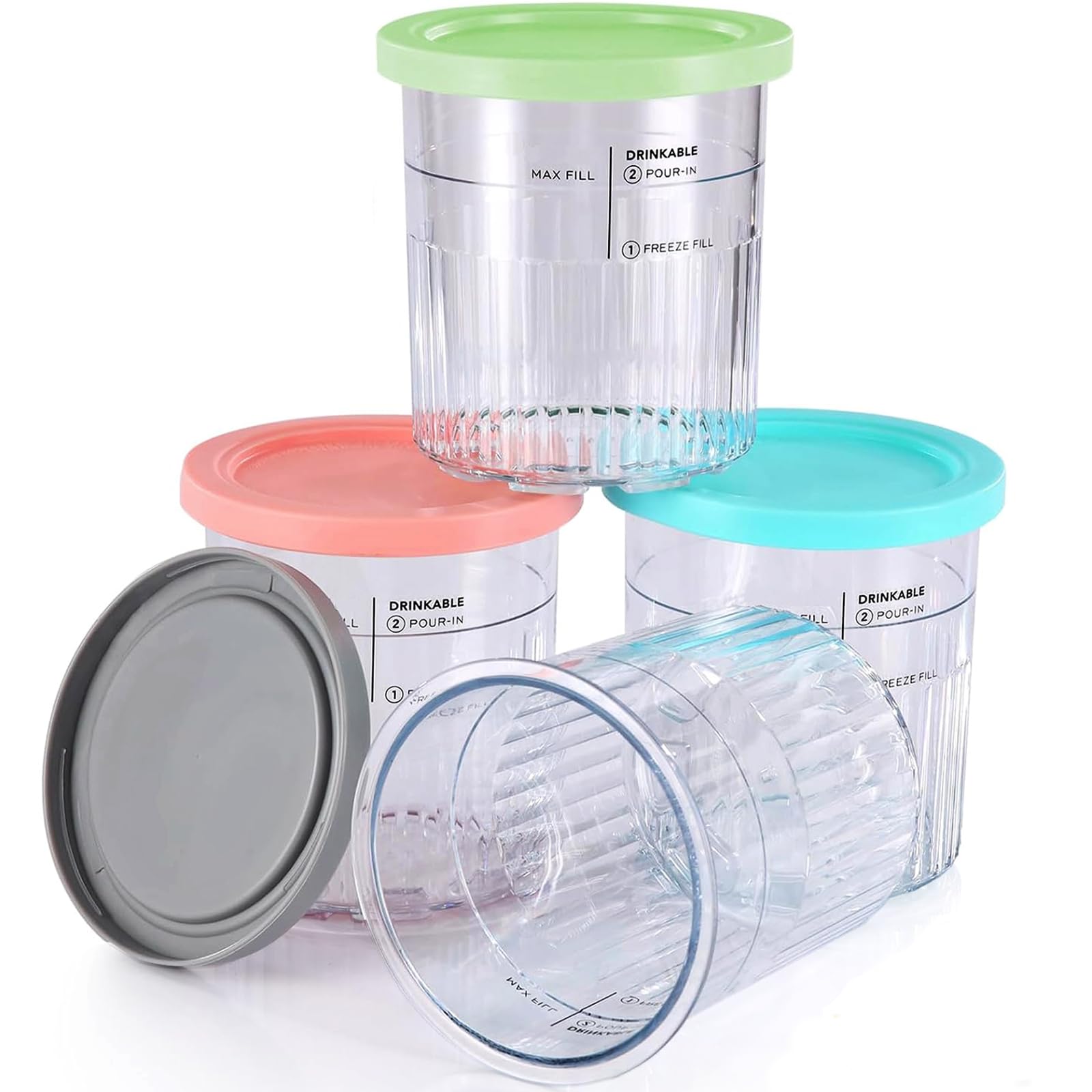 4 pojemniki Creami do robienia lodów Ninja Creami Deluxe Ice Cream Maker NC501 NC501EU NC500 Series Pints i pokrywka, nie zawiera BPA, nadają się do mycia w zmywarce, różowe, zielone, szare i