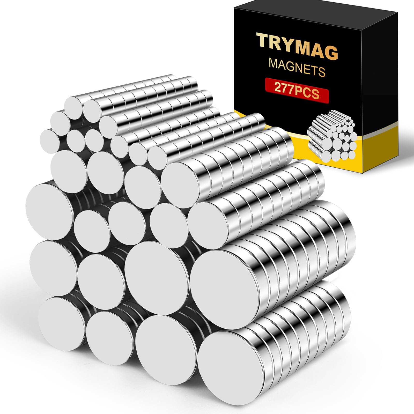 TRYMAG 277Pcs Small 7 Different Sizes Strong Magnets, Multi-use Rare Earth Neodymium Disc Heavy Duty Mini Round Refrigerator Magnets for Crafts, DIY, Office, Whiteboard
