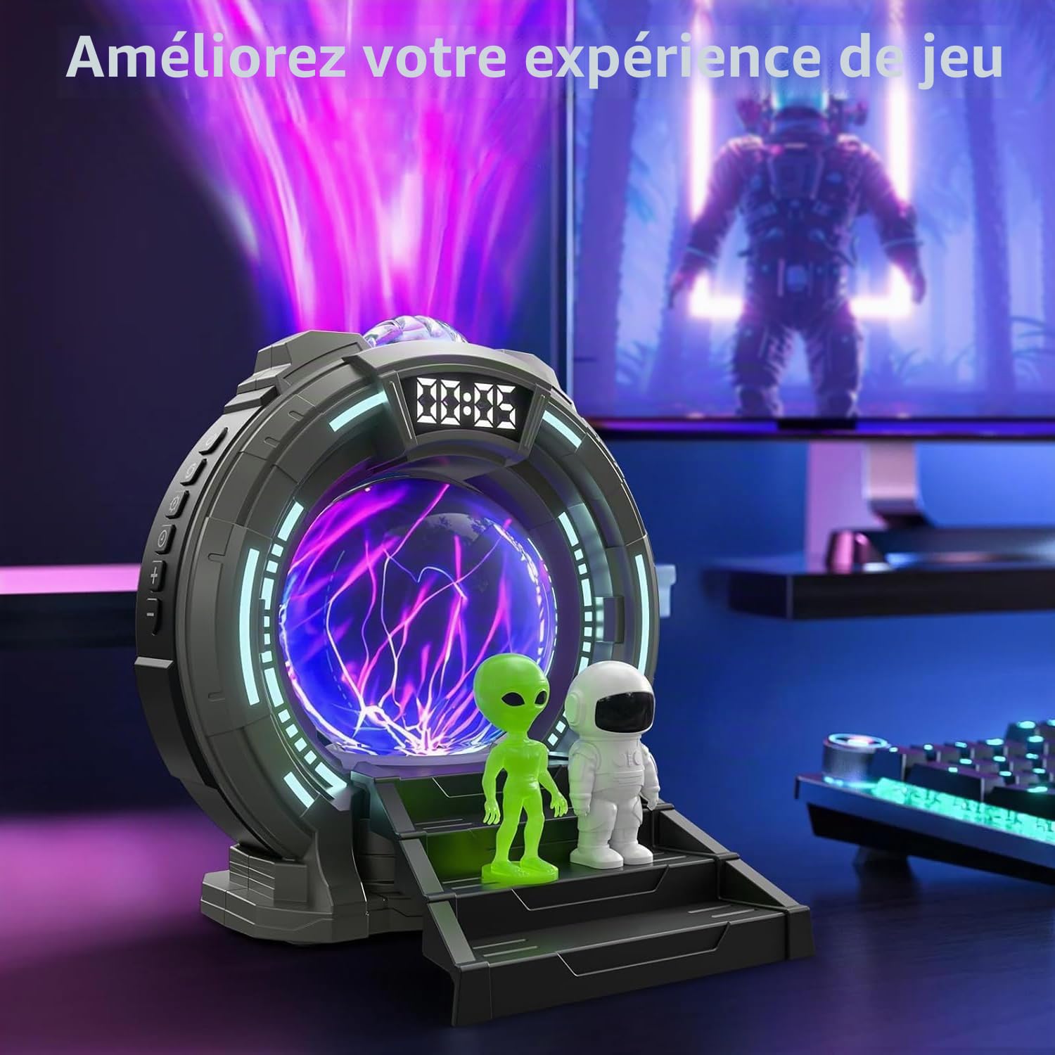 Projecteur Ciel Etoile Stargate Boule Lampe Plasma, Astronaute Veilleuse Projecteur Galaxie Aurores Boréales Avec Bruit Blanc, Enceinte,Réveil et Télécommande pour Chambre Cadeaux Noel Enfants Adultes