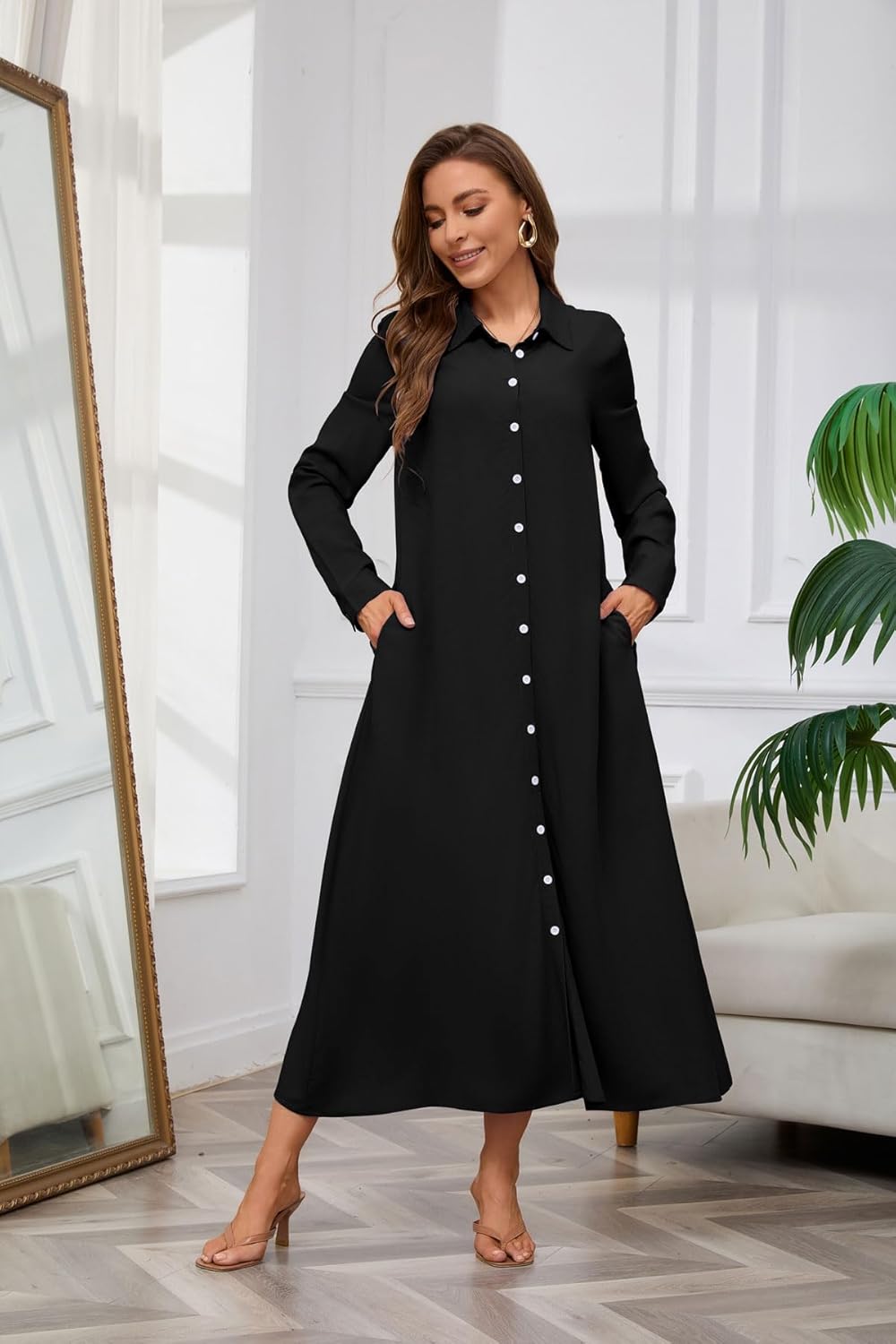 chouyatou Women's Casual Button Down Maxi Shirt Dress Long Sleeve Button Up Tunic Long Dress - Image 6