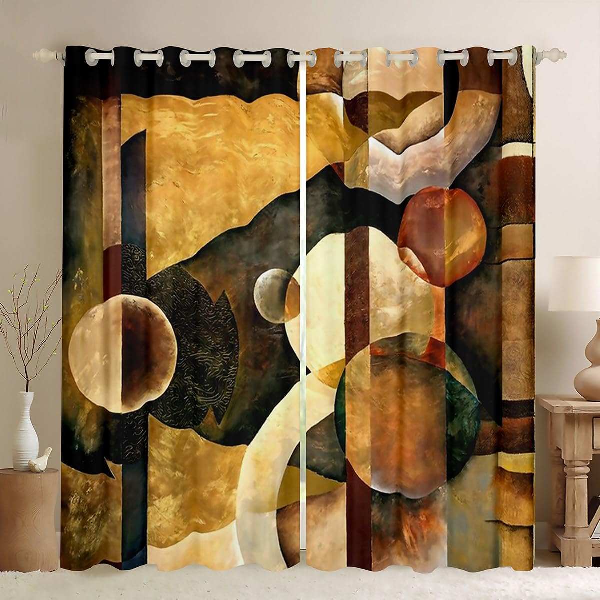 Tende per finestre marroni e blu tende geometriche per camera da letto soggiorno per bambini in lino con arti astratte 30% -50% tende oscuranti arancioni tendaggi per finestre, 132 x 160 cm (larghezza
