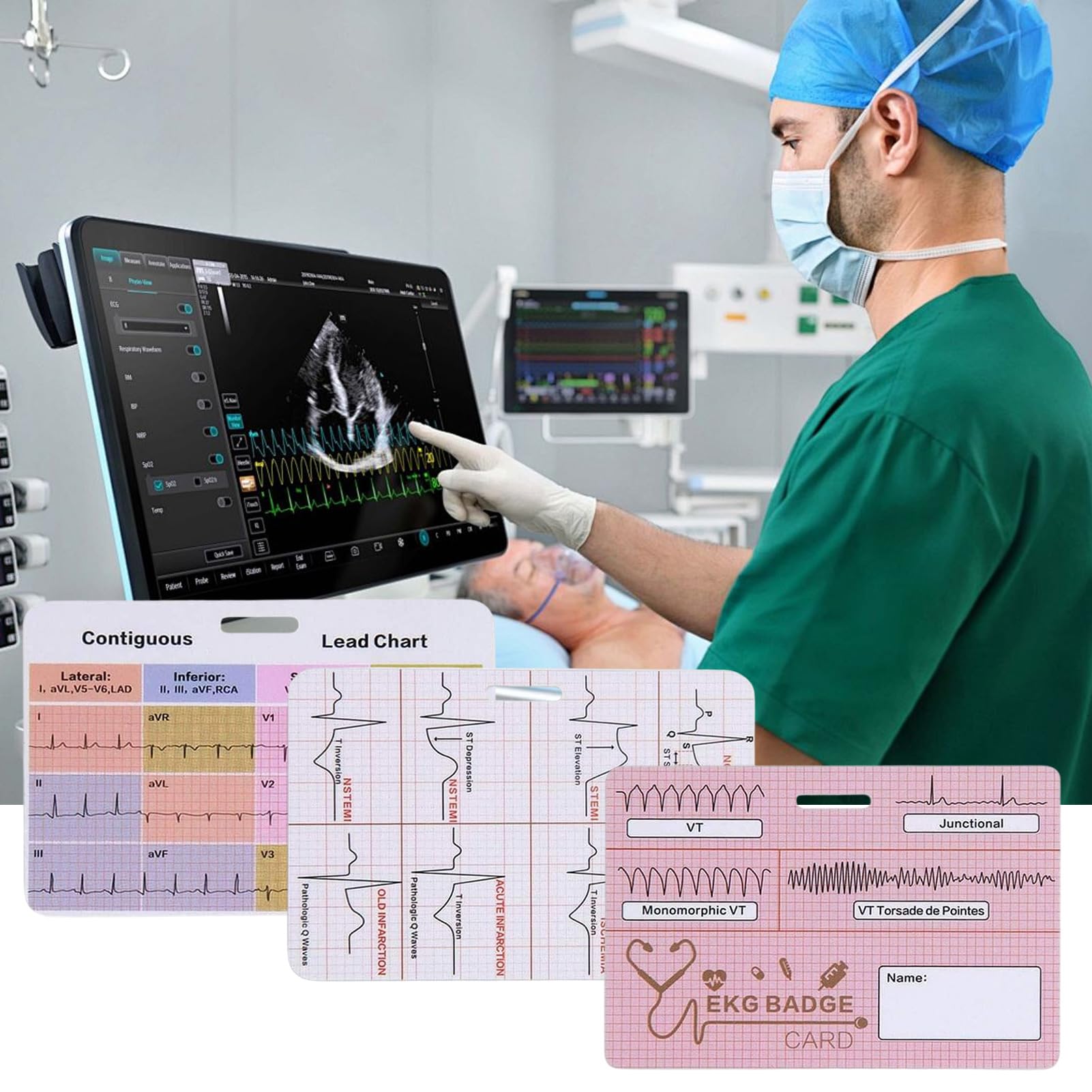 Riferimento badge ECG - Flashcard infermieristica, tre pezzi ECG, guida al ritmo cardiaco, tabella di informazioni rapide cliniche, strumento di valore del laboratorio medico | Scheda di