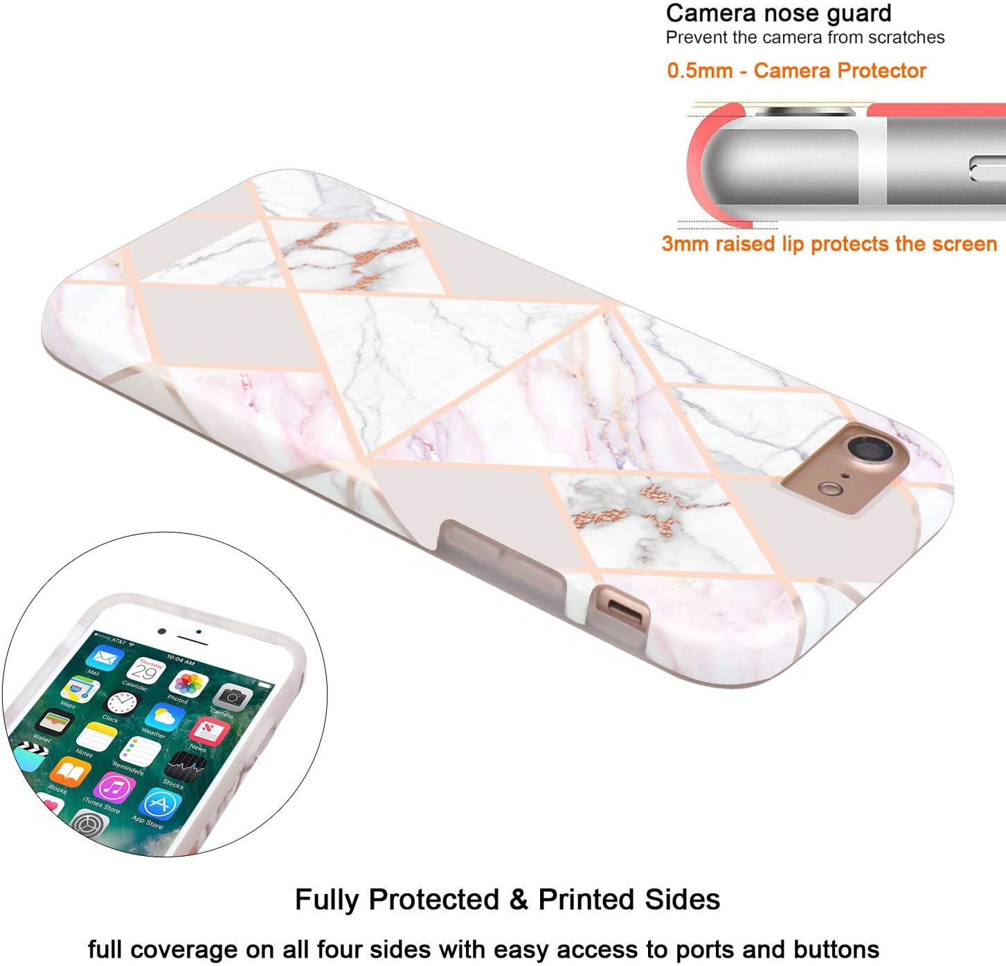 JAHOLAN iPhone SE 2022/2020 Case, iPhone 7 8 Case, Rose Gold Geometric Pink Marble Design Glossy TPU Soft Rubber Silicone Cover Phone Case for iPhone 7/8/6/6S/SE 2020 2022