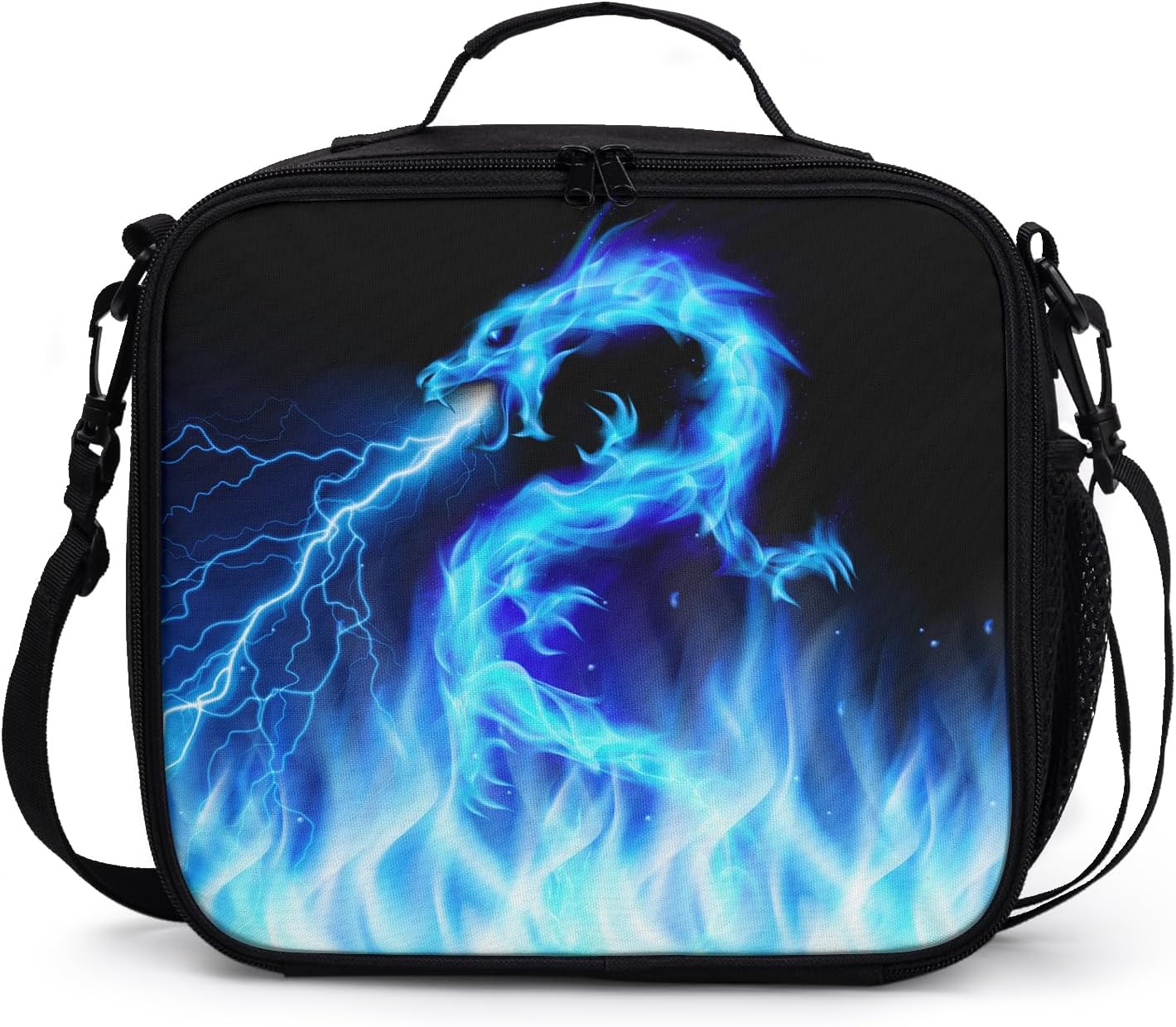 Blue Lightning Pattern Lunch Bag Blue Fire Dragon Lunch Boxes for Women/Man Office Work Travel, School, Work, Picnic, Durable Reusable Insulated Large Lunch Tote Bag with Adjustable Shoulder Strap