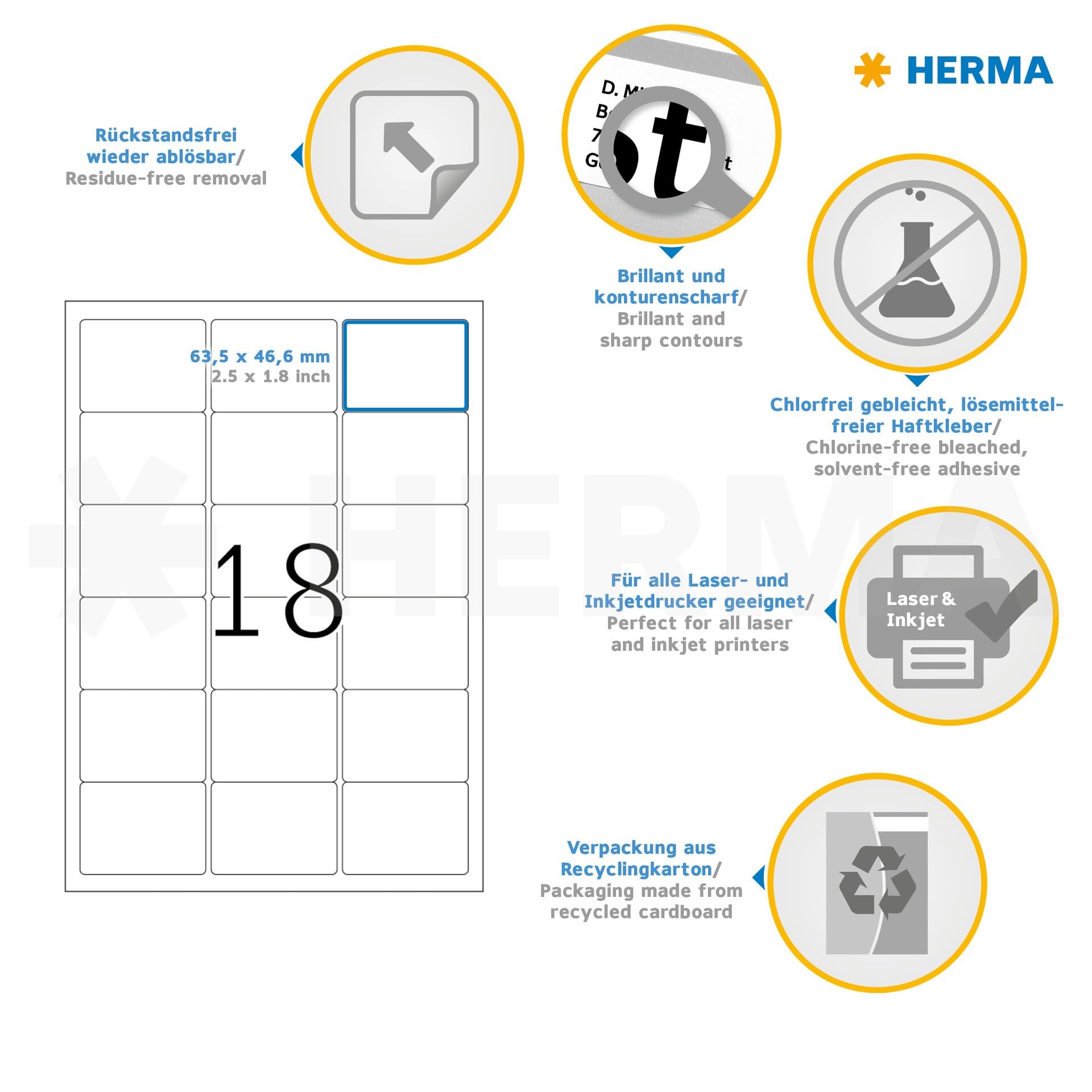 Herma 10302 Étiquettes movables/amovibles 63,5 x 46,6 A4 1800 pièces Blanc