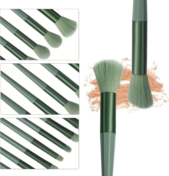 13 Pcs Make up Brushes Set, Foundation Powder Concealer Blush Highlighter Eyebrow Eyeshadow Brushes, Travel Makeup Brushes with Cloth Bag for Beginner and Makeup Artist (Green)