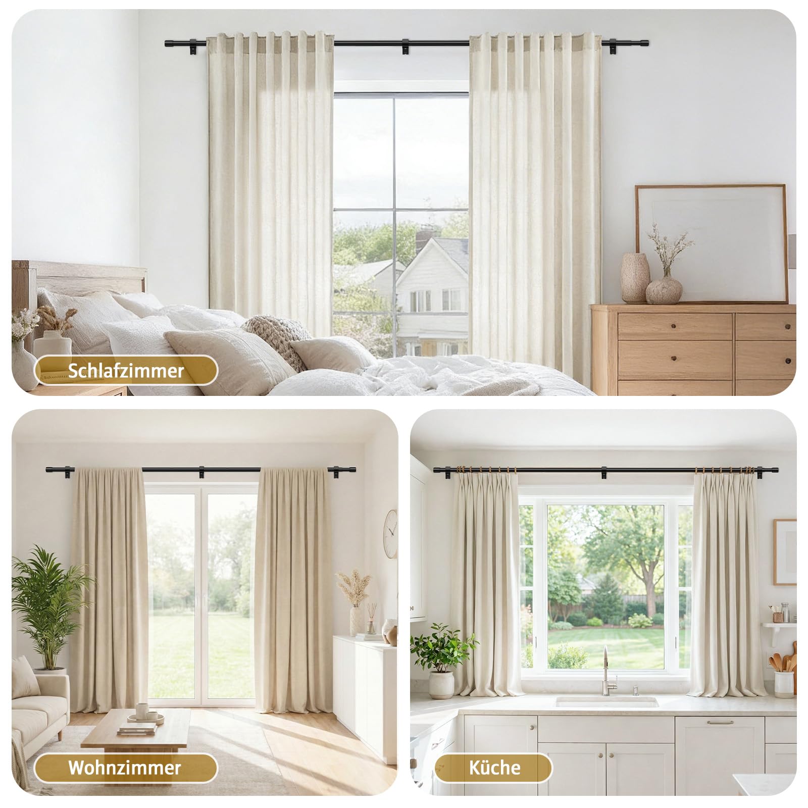 Tringle à rideaux extensible avec support - Noir - 76-397 cm de diamètre - 25 mm de diamètre - Tringle à rideaux extra longue pour chambre à coucher, salon - Métal mat robuste