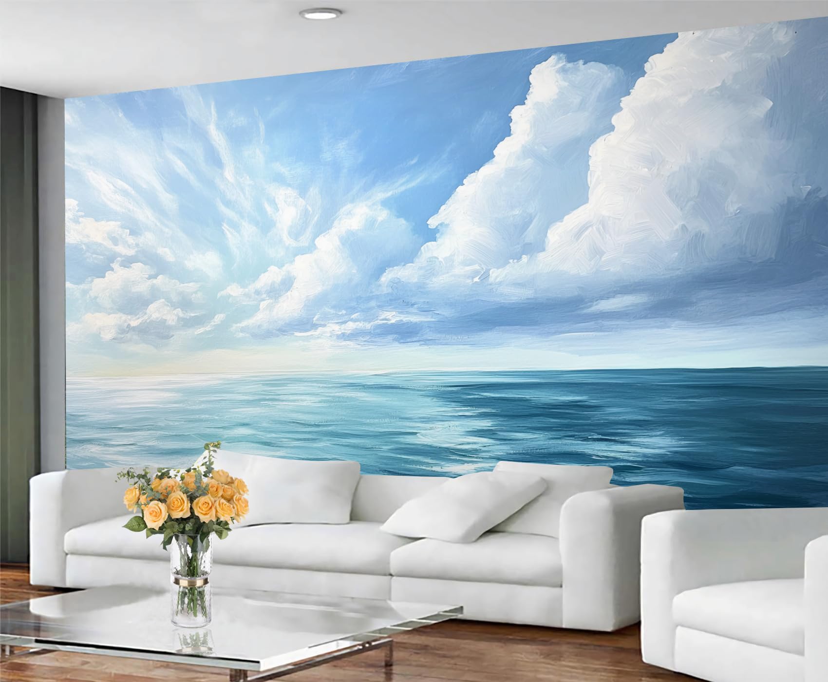 GIVLWF Cloud Wallpaper, Ocean Blue Sky Self Adhesive Wallpaper for Living Room, Sea Clouds Wall Paper for Bedroom, Sky Cloud Wall Mural, Natural Scenery Large Mural & Room Decor