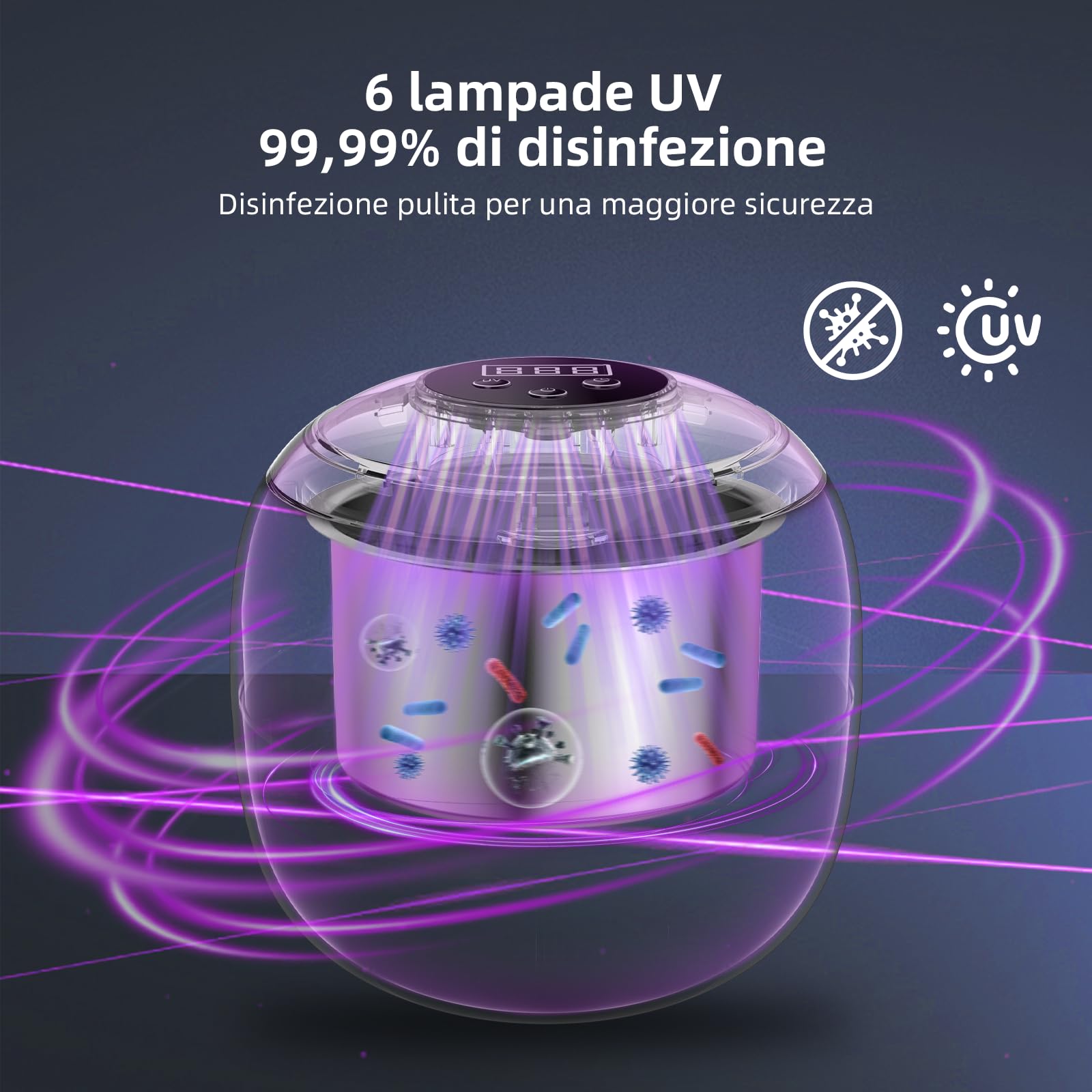 Pulitore Ultrasuoni Cordless 48000Hz, 210ML Portatile Ricaricabile Ultrasonic Cleaner con 6 Luci Automatiche di Pulizia UV Per Protesi, Allineatori, Apparecchi Ortodontici, Gioielli