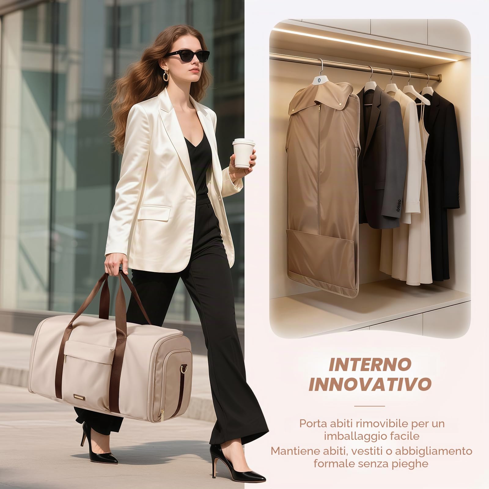 Borsone da Viaggio Donna Convertibile 2 in 1 Borsone Palestra Borsa Sportiva con Scomparto Scarpe, Grande Capacità Borsa da Appendere Gym Bag, 48L, Albicocca