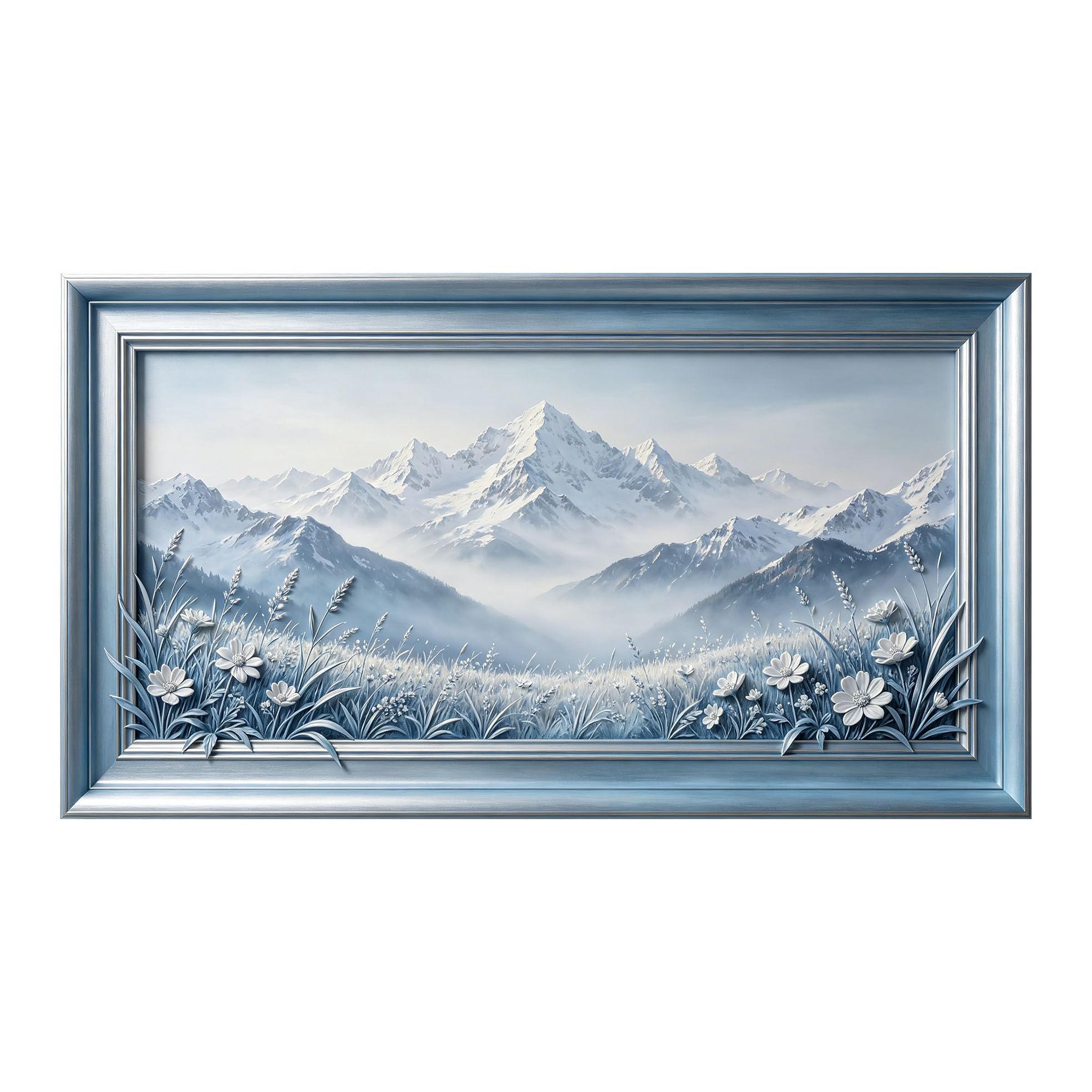Yzpallescene 3D Framed Wall Art 50cm×100cm Snowy Mountain Peak Botanical Meadow Relief Effect Large Size SelfAdhesive Removable Wall Decor Prints Artwork for Living Room Bedroom Office