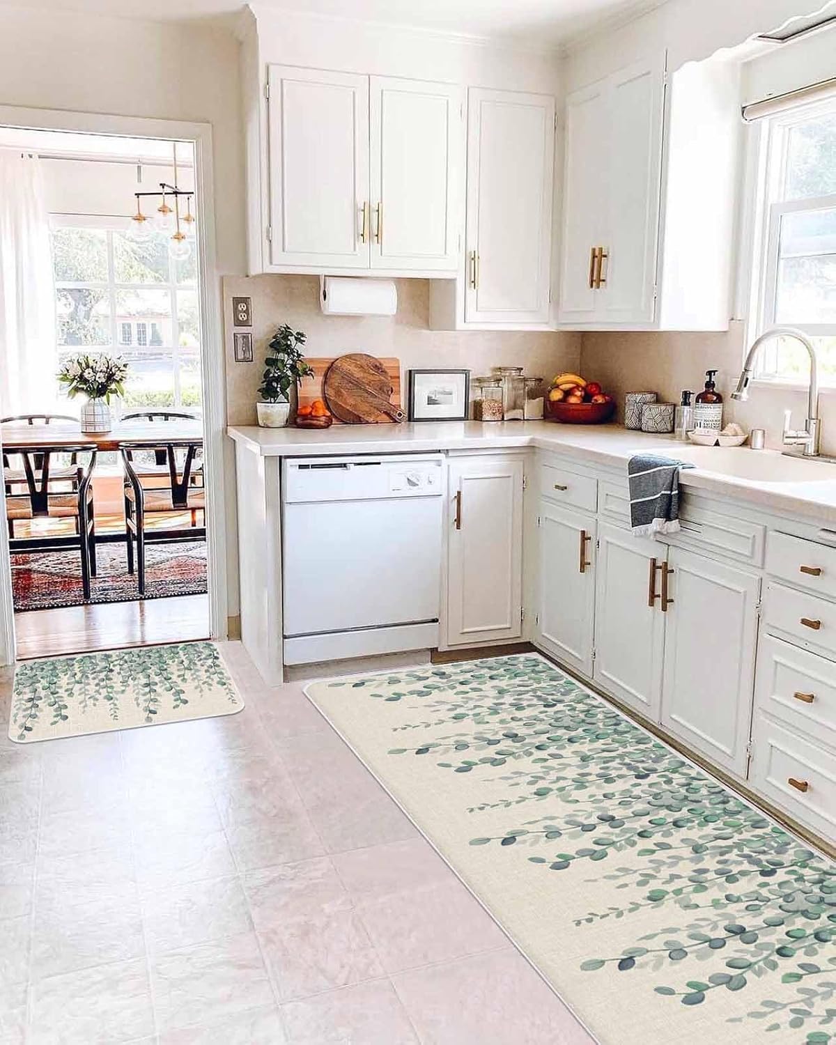 Teal Green Eucalyptus Leaves Kitchen Rugs and Mats Set of 2, Spring Plants Country Beige Absorbent Bath Runner Rug Washable Floor Door Mats Throw for Bedroom Bathroom Entrance Tub Sink Extra Large