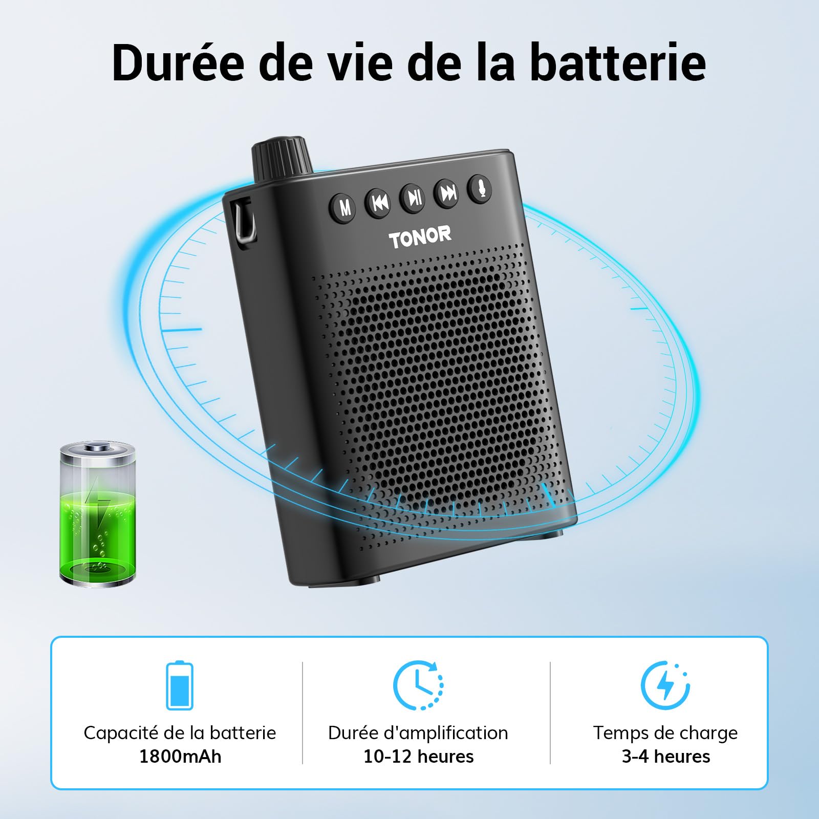 TONOR Amplificateur vocal portable pour enseignants, microphone Bluetooth rechargeable avec casque filaire et ceinture pour salle de classe/formation/yoga/discours/réunion/guides touristiques, 100 cm
