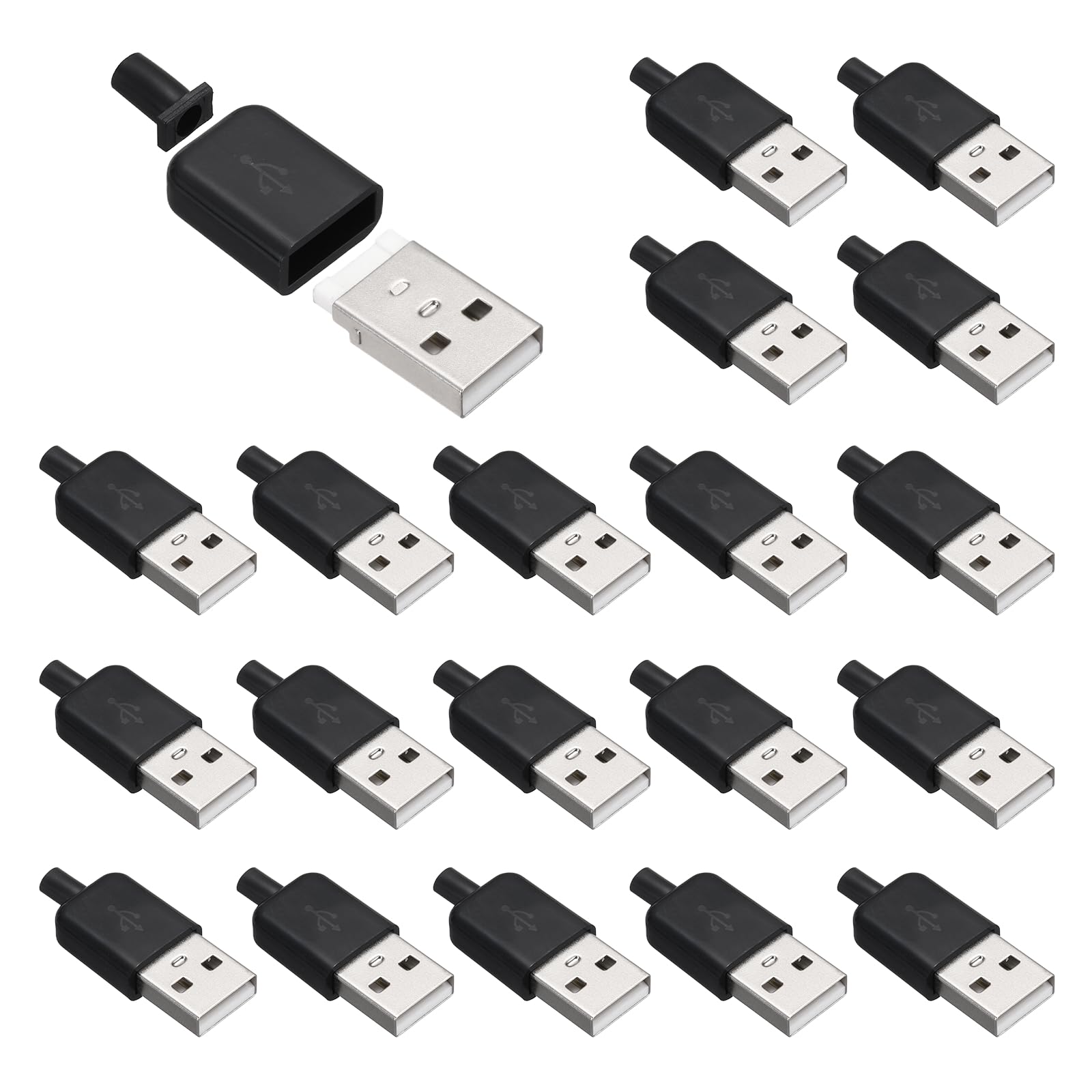 sourcing map 20Pcs USB 2.0 Type A Male Plug Connector, 4 Pin Solder Terminal with 3mm Cable Hole for DIY Cable Repair Kit, Power Supply, Microcontroller Projects, Black, 36.5x14.8mm