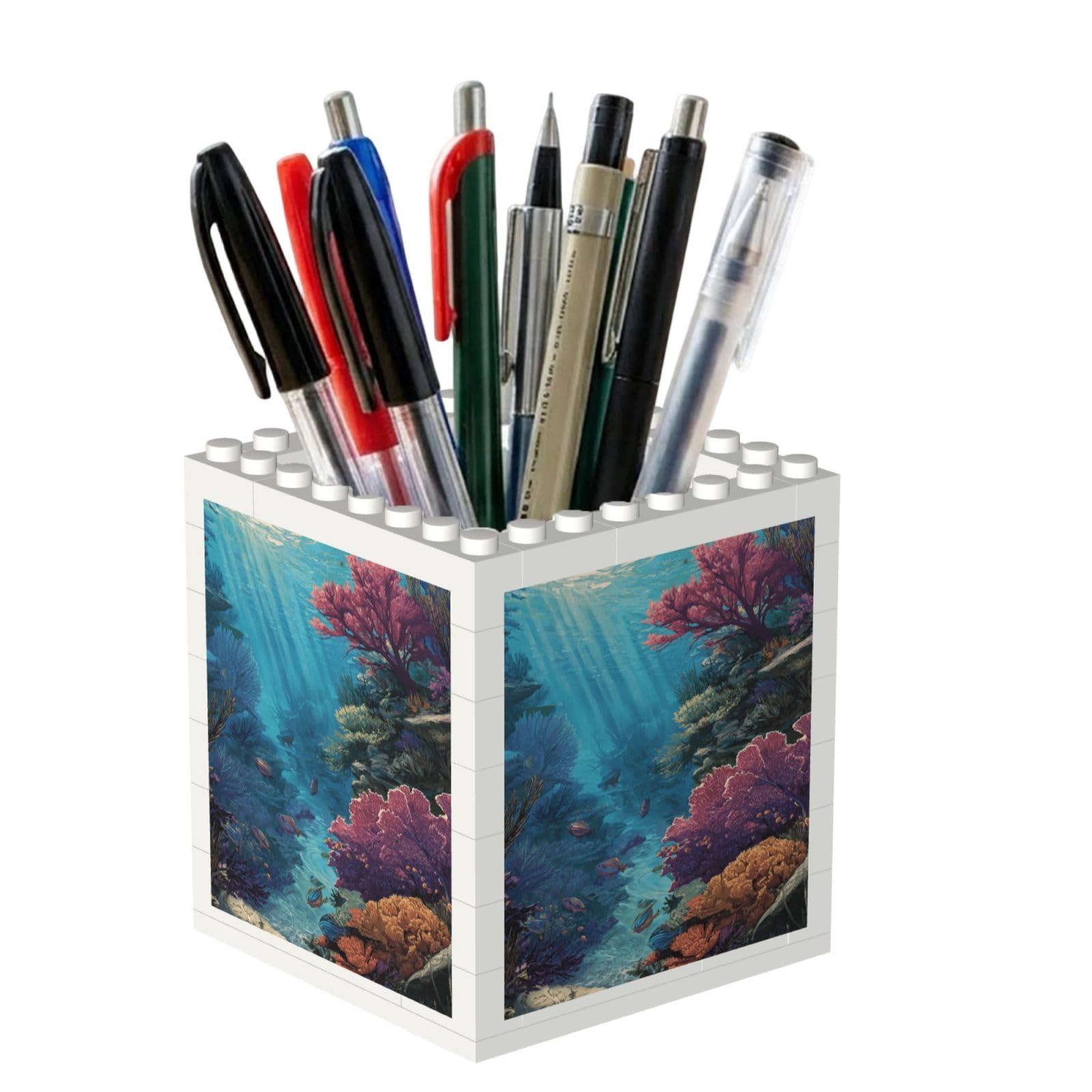 ESNAIUVCD Reef Scenery Print Building Block Pen Holder - Pencil Holder For Desk/Classroom,Desk Accessories, Multifunctional Office Supplies Pen Organizer Pencil Cups(2pcs)