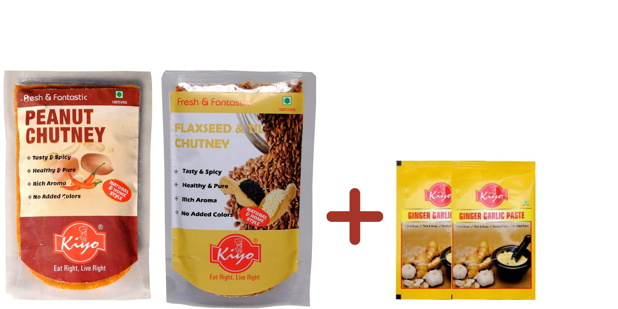 Kiyo Combo Pack of Peanut Chutney 100 GMS and Flaxeeds Chutney 100 GMS and 2 Pack Free Ginger Garlic Paste | No Artificial Flavours & Colours Added